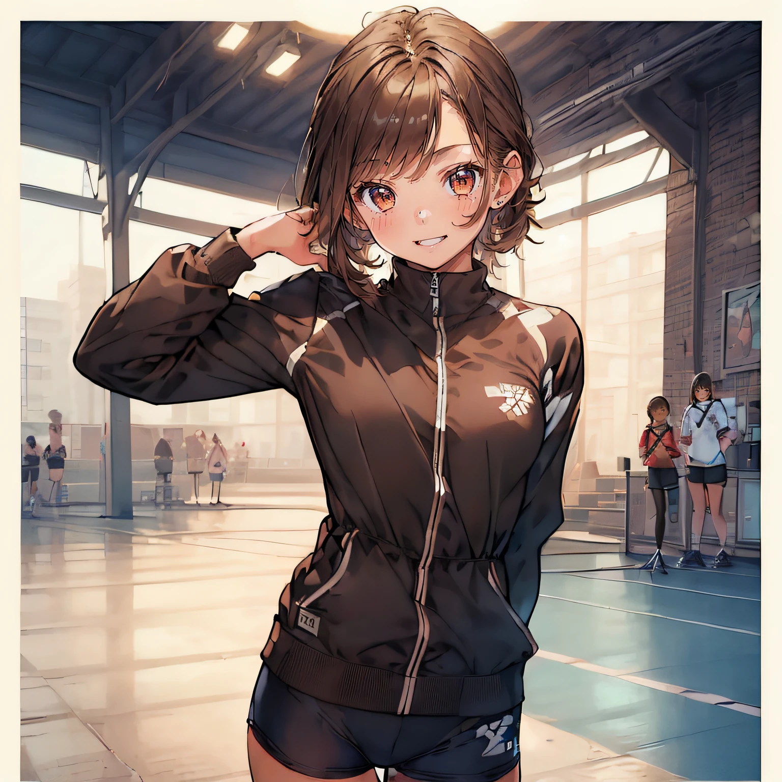 ((masterpiece)), (1 girl:2.0), (face extremely detailed, smiling), short haircut, brown hair, petite, (thin build), (a Japanese girl), ((Member of track and field team, long distance runner)), slightly round face, (tanned brown face:1.6), cute, big eyes, navy blue jersey with long sleeves, shorts, (muscular and thin thighs), (small breast)