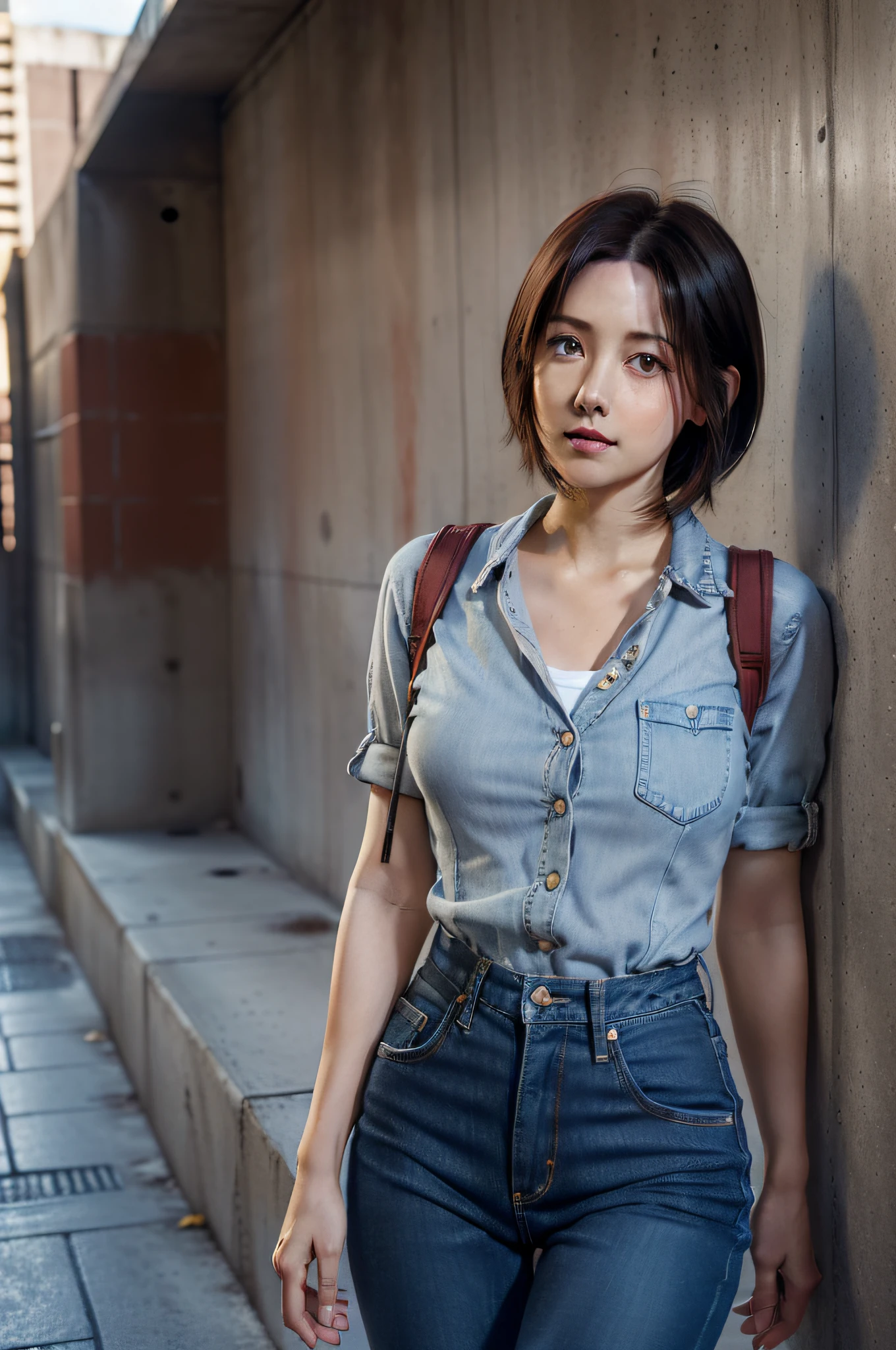 ((Tifa Lockhart)),((1 female 25 years old)),((natural make up)),((Light makeup)),((Shortcut Hair)),((dark brown  hair)),((Detailed beautiful red eyes)),((二重まぶた)),((Bust C Cup)),((Balanced face)),((Looking here)),((Concrete walls and sidewalks)),((Button Up Y-Shirt),((Slim Denim Pants))