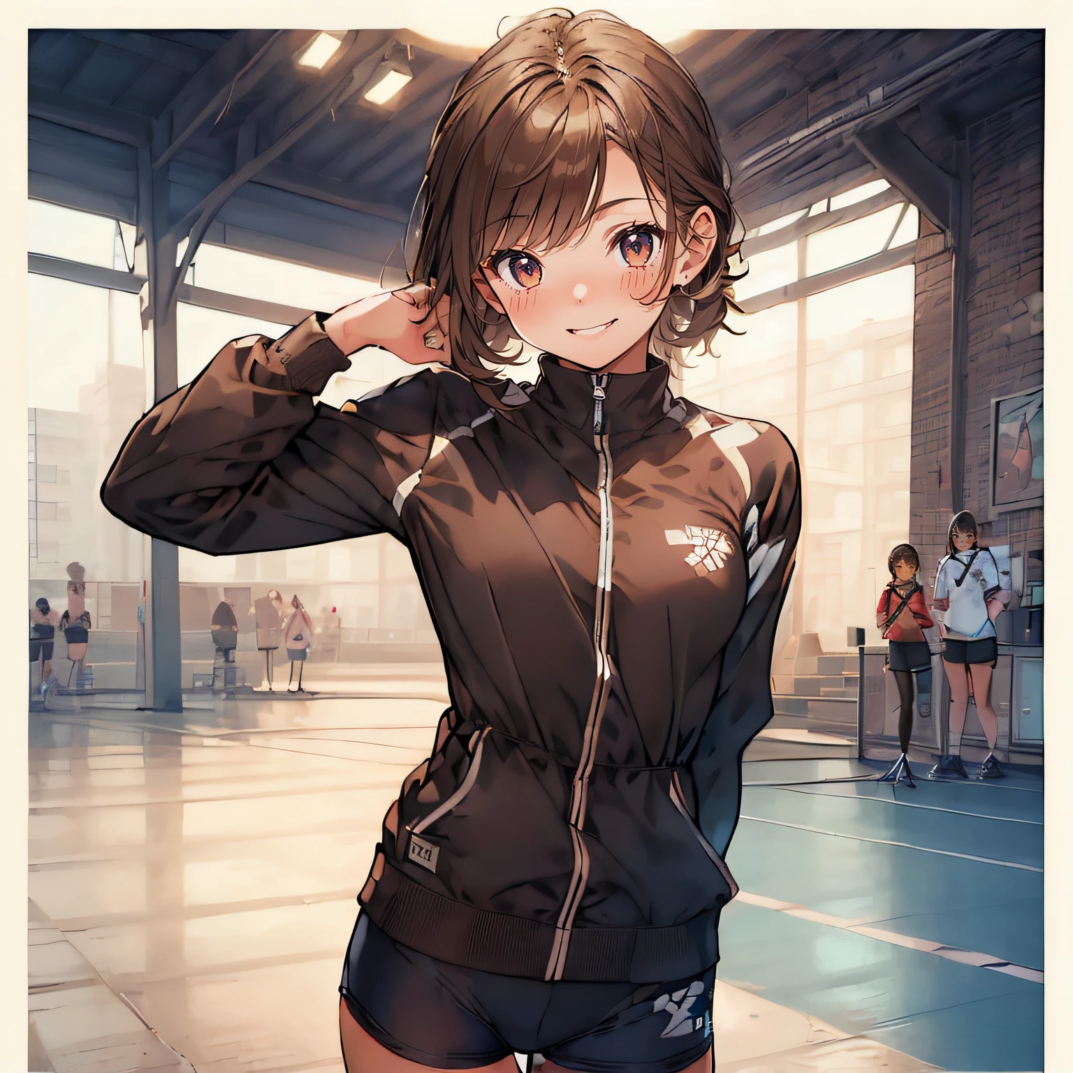 ((masterpiece)), (1 girl:2.0), (face extremely detailed, smiling), short haircut, brown hair, petite, (thin build), (a Japanese girl), ((Member of track and field team, long distance runner)), slightly round face, (tanned brown face:1.6), cute, big eyes, navy blue jersey with long sleeves, shorts, (muscular and thin thighs), (small breast)