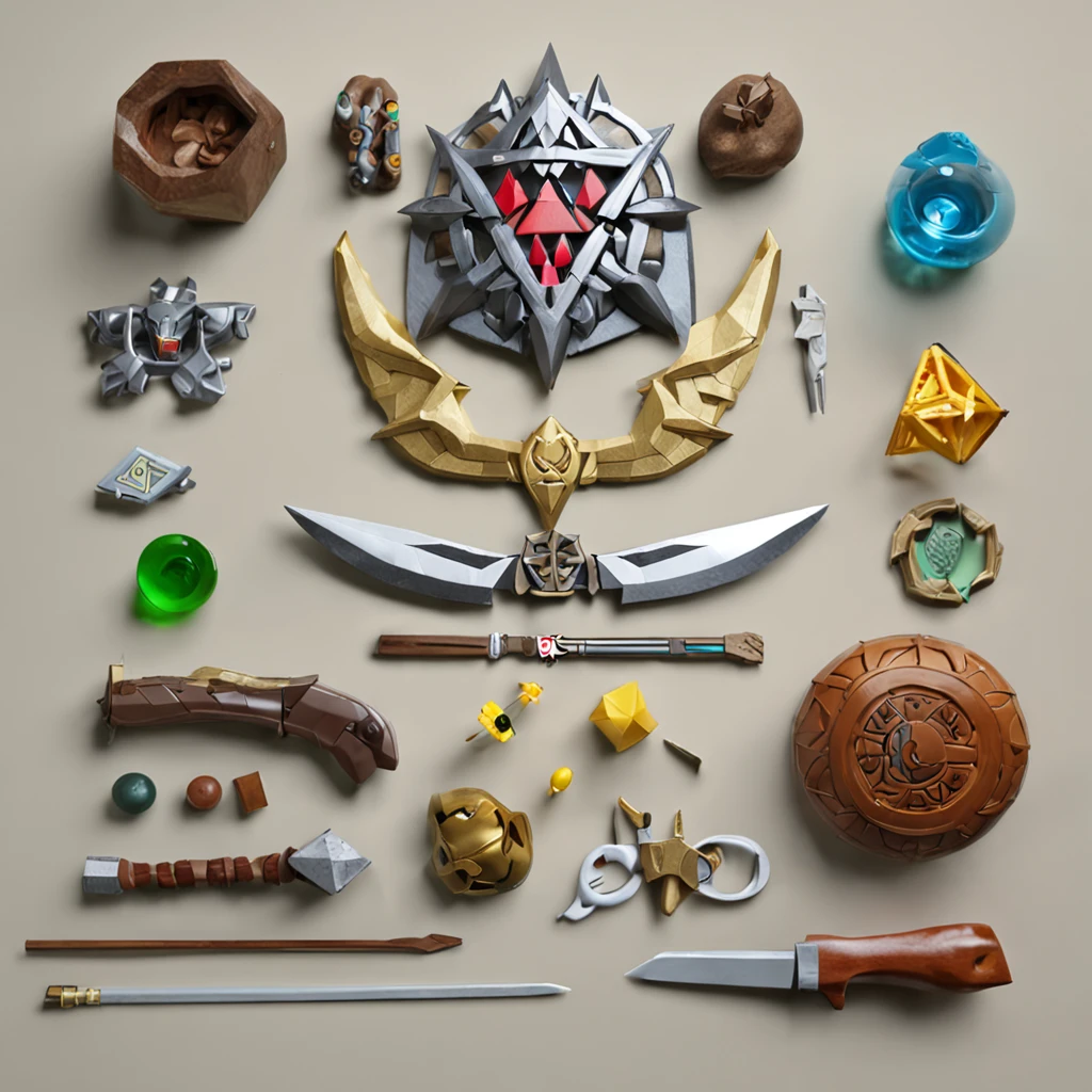 ::style (knolling), 3d, the legend of zelda, tloz, items, sharp, intricate ::n_style deformed
