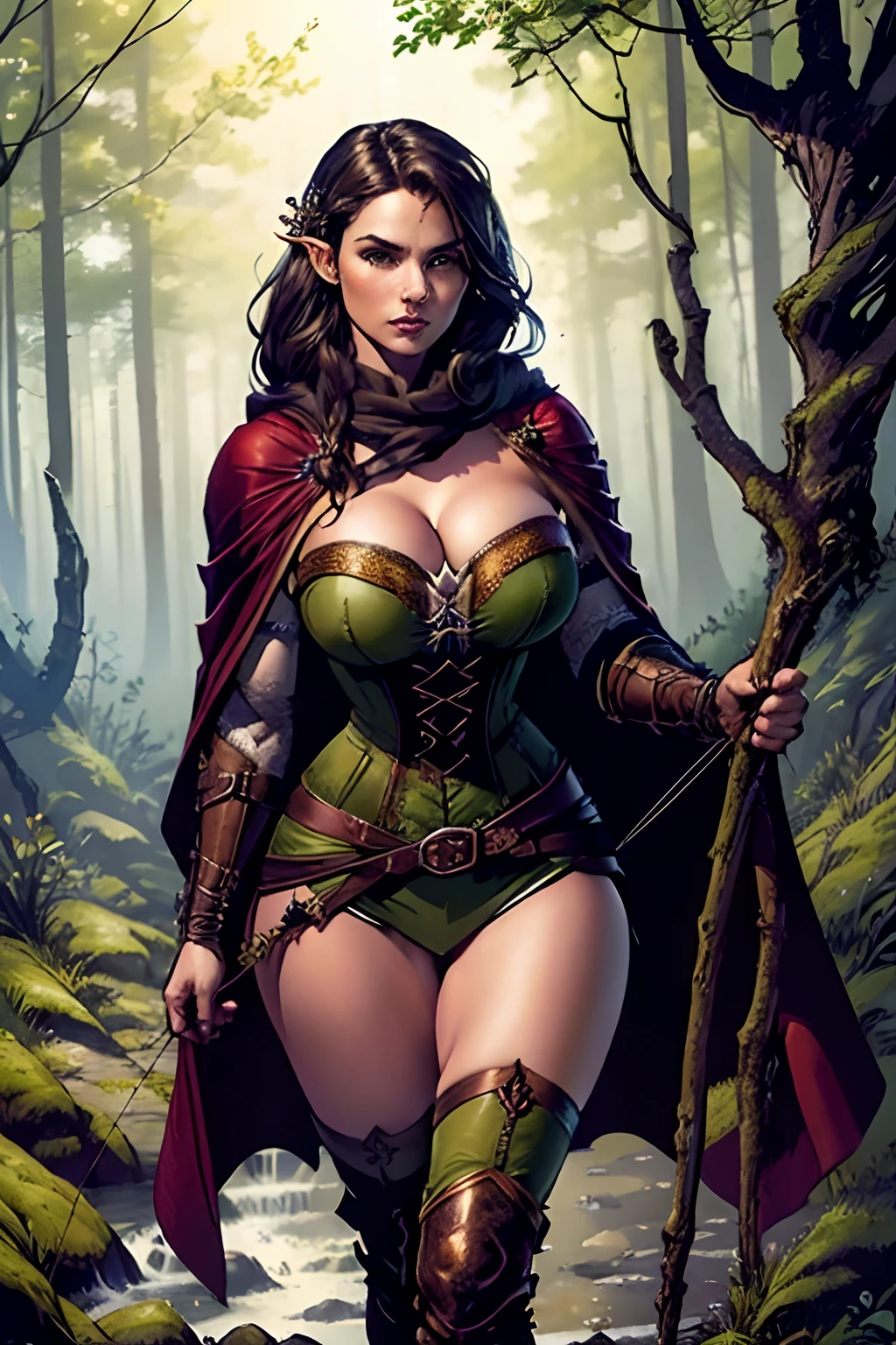 (masterpiece, top quality, best quality, official art, beautiful and aesthetic:1.2), (1girl:1.3), dark brown hair in a single (braid), extremely detailed, portrait, looking at viewer, solo, (full body:0.6), detailed background, close up, cat eyes, (warm summer forest theme:1.1), (elf) ranger, charlatan, smirk, mysterious, walking in forest, revealing ranger attire, cowl, cloak, corset, long boots, buckles, straps, pouches, bow and arrow, green fabric, brown leather, (((gigantic breasts, cleavage, skindentation))), slim waist, slim hips, long legs, medieval (forest exterior:1.1) background, dark mysterious lighting, shadows, magical atmosphere, dutch angle