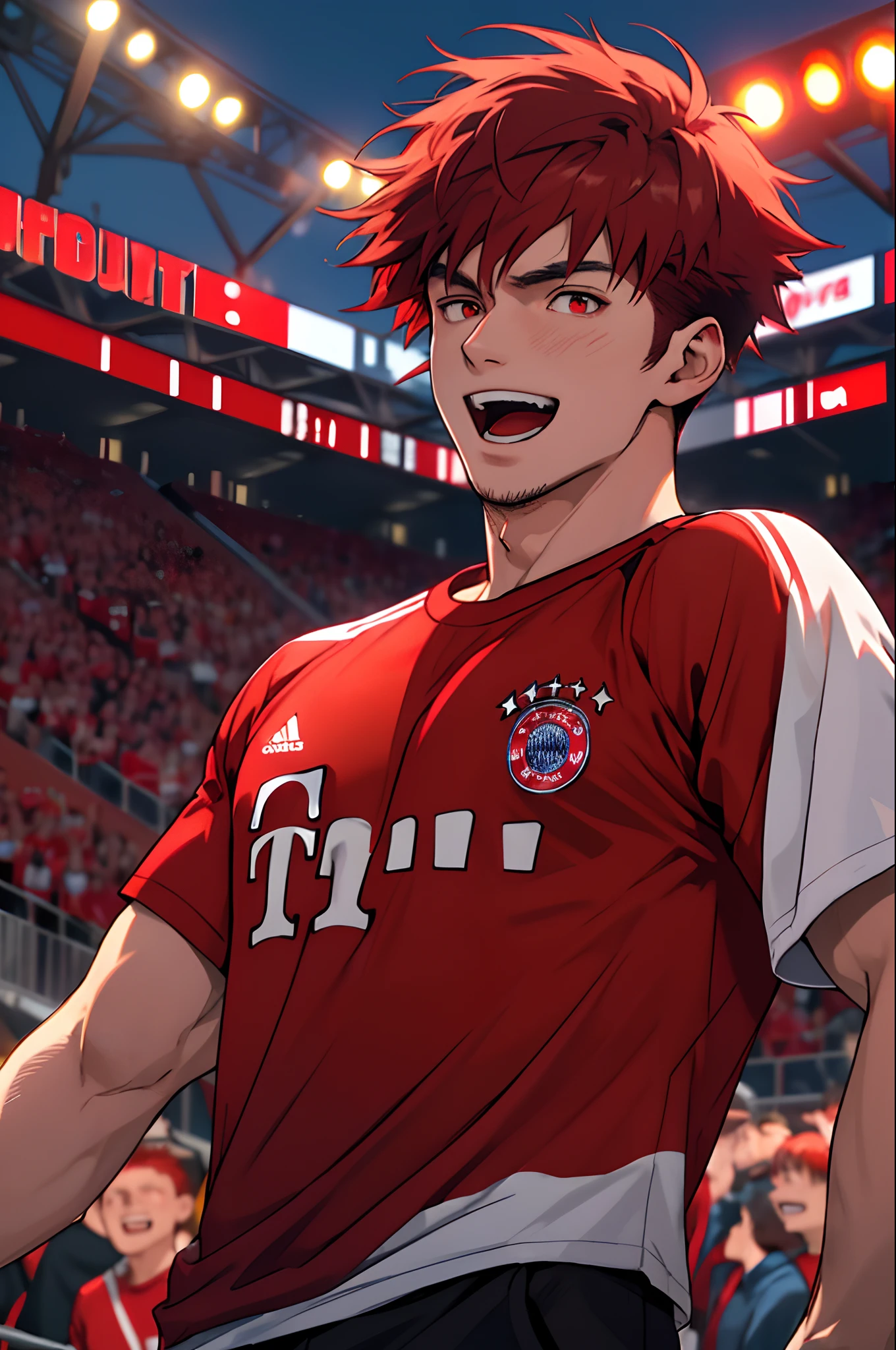 A 20 years boy , with bayern t-shirt , in the stands , encourage and cheer, red eyes and red hair. , In the night , happy , open mouth (( masterpiece ))