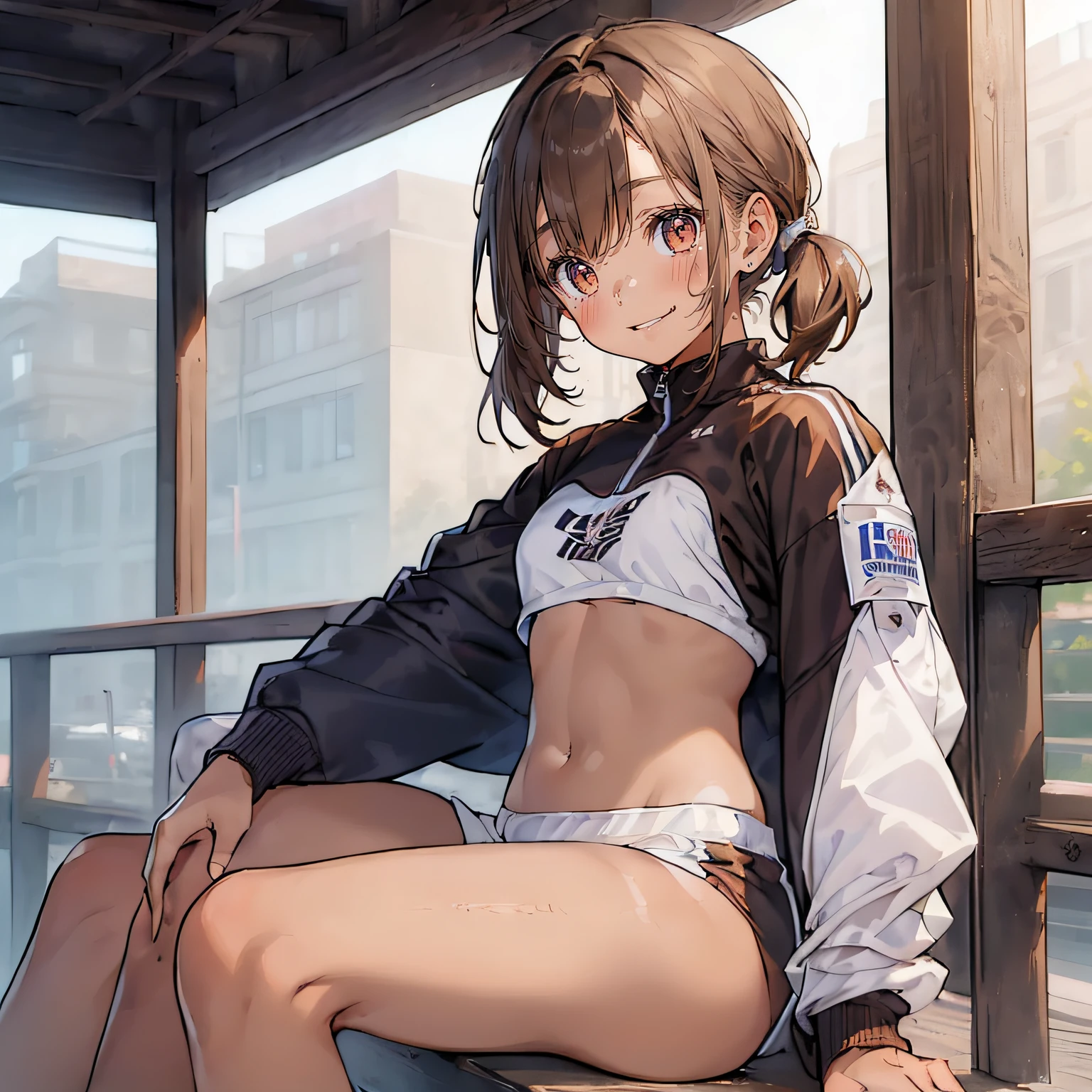 ((masterpiece)), (1 girl:2.0), (face extremely detailed, smiling), short haircut, brown hair, petite, (thin build), (a Japanese girl), ((Member of track and field team, long distance runner)), slightly round face, (tanned brown face:1.6), cute, big eyes, navy blue jersey with long sleeves, shorts, (muscular and thin thighs), (small breast)