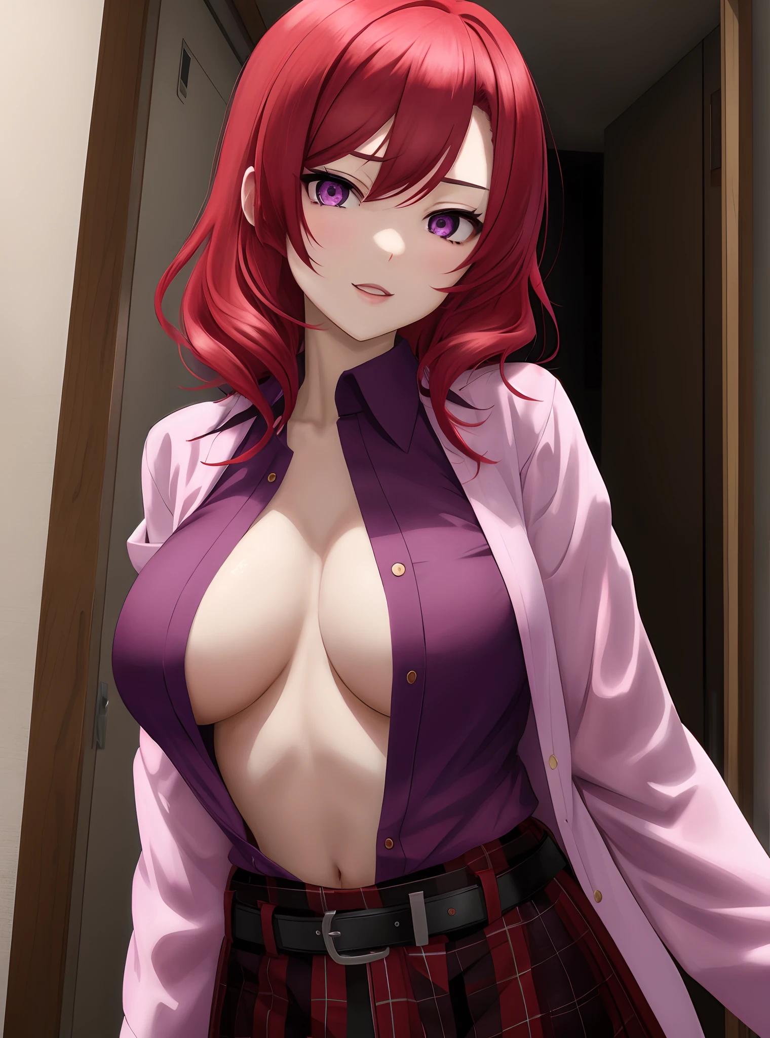 Nishikino maki, Purple eyes,red hair, open shirt ,face only,big breasts, upper body