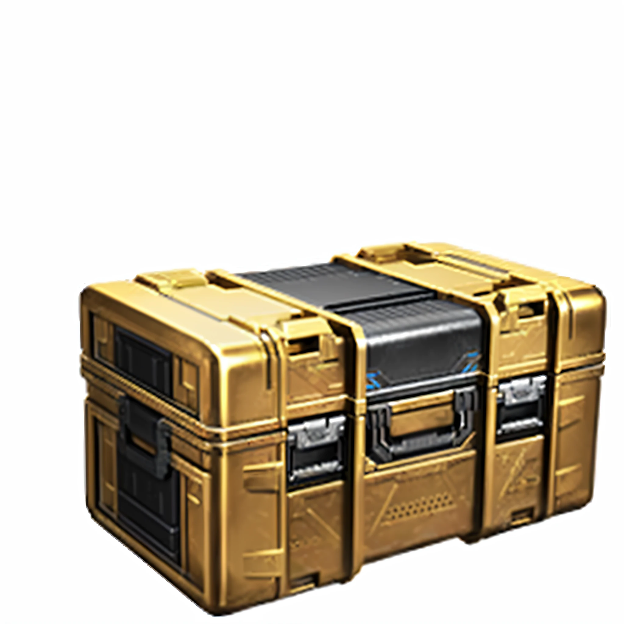 A big, Gold case,Black lid and black handle, loot box, modular item, lockbox, Small chest, item art, metallic bronze skin, video game item, elite, briefcase, Titan, Military storage compartments, server, ✨🕌🌙, holographic case display, C4 explosives, item, marmoset toolbag rendered, box