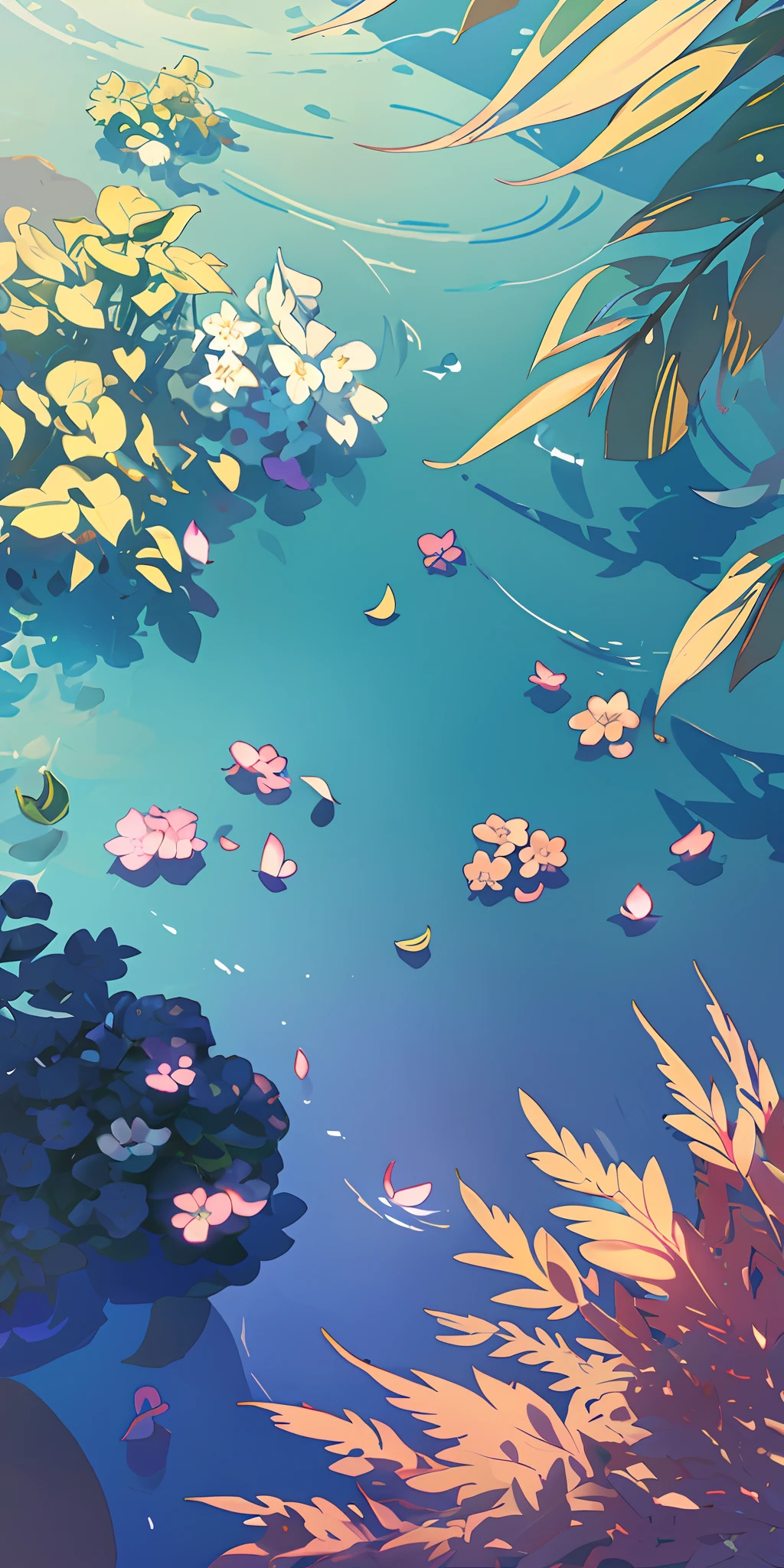 tmasterpiece,best qualtiy,(Very detailed CG unity 8k wallpaper),(Most Best Illustration),(best shadow)Nature',Blue sea,Delicate leaves of various colors fall in air light tracking,ultra-detailliert,the setting sun,Particle light,cinematric light