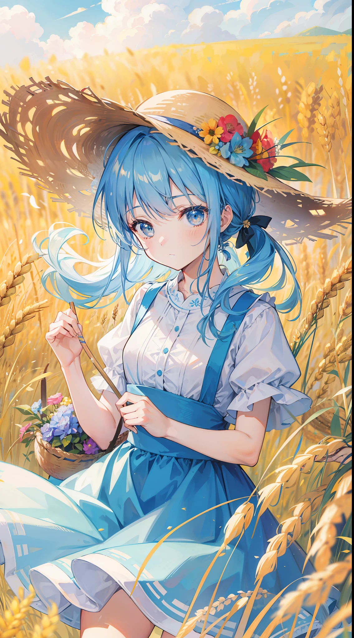 Kizi，blue hairs，shift dresses，With a straw hat，Handheld flower basket，Stand in a golden wheat field，facing to audience，Hands perfect，nice hand，rich details​，Need，perfectquality