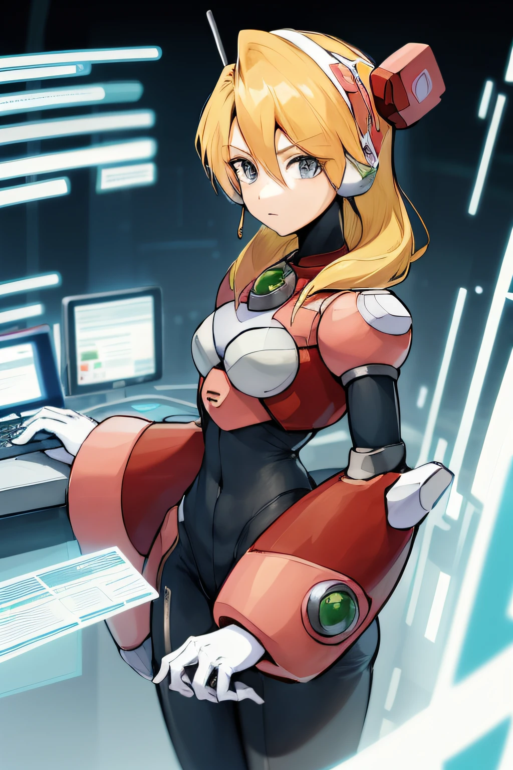 Alia_Megamanx, 1girl, sozinho, seios, olhos azuis, blonde hair, android, cabelos longos, robot ears, sentado na cadeira em frente ao computador, laboratory, master part, alta qualidade, hentai