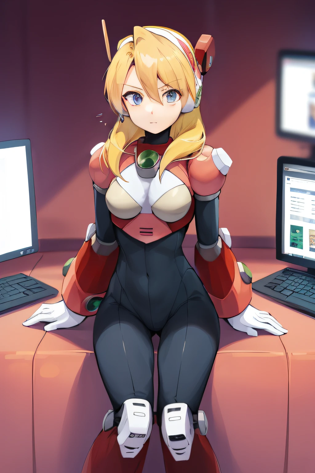 Alia_Megamanx, 1girl, sozinho, seios, olhos azuis, blonde hair, android, cabelos longos, robot ears, sentado na cadeira em frente ao computador, laboratory, master part, alta qualidade, hentai