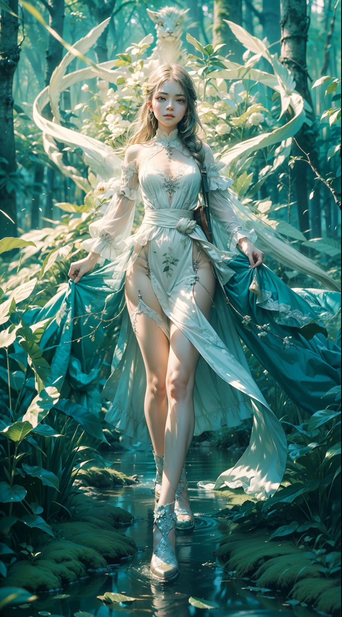 (maximum resolution: 1.2), (Ultra HDTV: 1.2), 8K resolution, Eye and skin detail, detailed facial features, , ( Sharp focus: 1, 2), (Precise focus) facial expression: 1,2), Girl standing, On green grass,(long hair), Green hair, Green lawn, Many flowers, In the Amazon forest, Trees um bum.