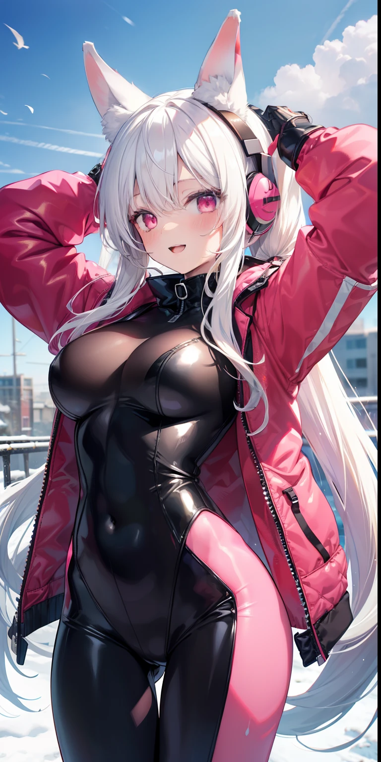(RAW photo, best quality, masterpiece: 1.2), (realistic, photo-realistic: 1.4), (masterpiece: 1.4), (best quality: 1.4), 1girl, solo, :d, animal headphones, animal ears, arms up, bangs, blush, bodysuit, breasts, rabbit pose, written clothes, navel covered, cowboy shot, cropped jacket, fake animal ears, gloves, outdoors, morning, snow, hair entries, headphones, impossible clothes bodysuit, impossible clothes, jacket, large breasts, latex, latex bodysuit, long hair, long sleeves, looking at the viewer, large breasts, multicolored gloves, open mouth, pink bodysuit, pink eyes, red eyes, red jacket, bright clothes, shrug \(clothing\), locks, tight skin, smile, thigh opening, thighs, twintails, very long hair, white gloves, white hair, alice\(nikke\),(shiny skin), realistic,