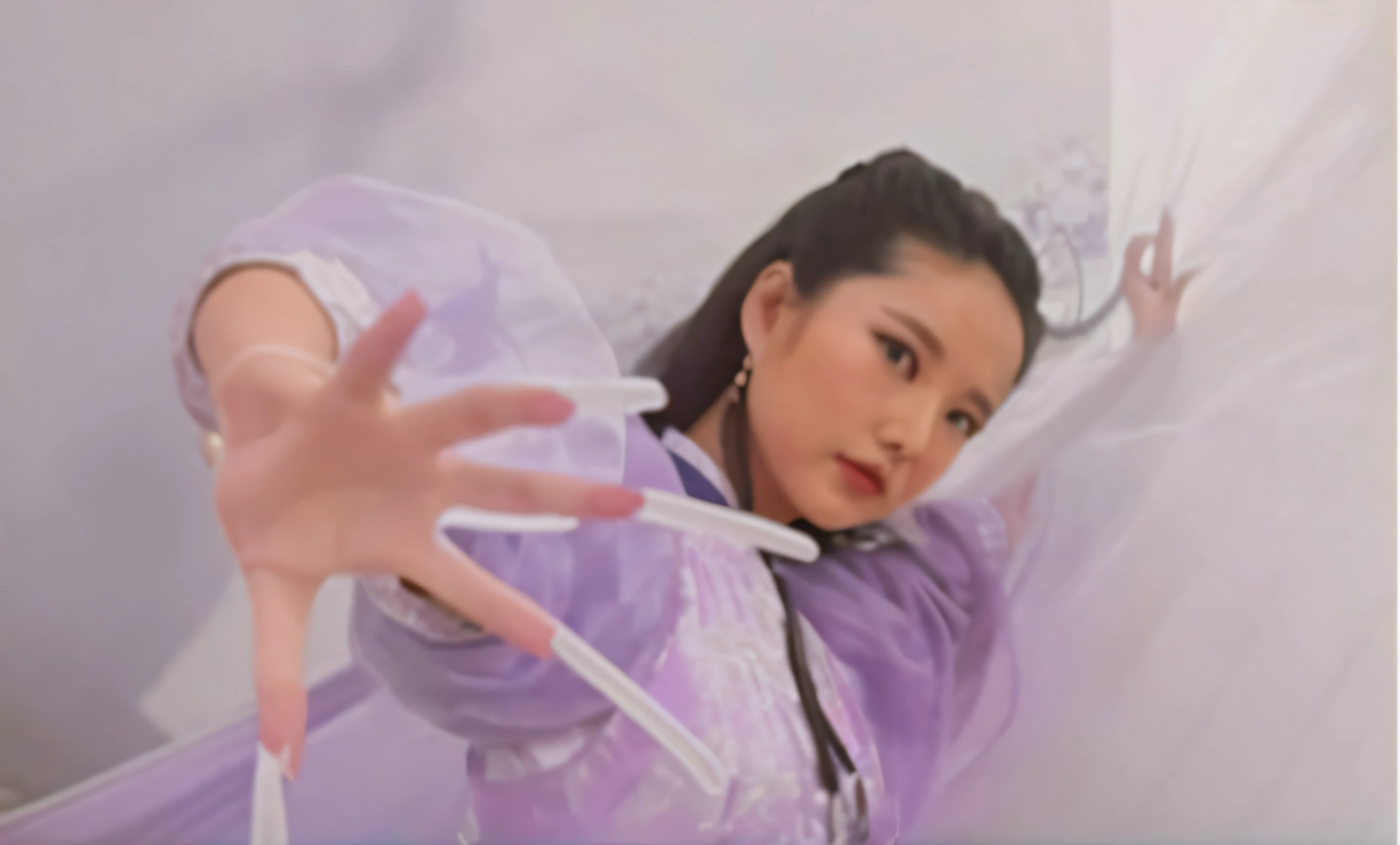 There was a woman in a purple dress holding a white thing, inspired by Li Mei-shu, inspired by Wu Li, inspired by Xia Chang, inspired by Liao Chi-chun, Inspired by Li Tang, inspired by Ma Quan, inspired by Zhou Fang, inspired by Ju Lian, inspired by Zhang Yin, Wuxia, inspired by Ma Lin