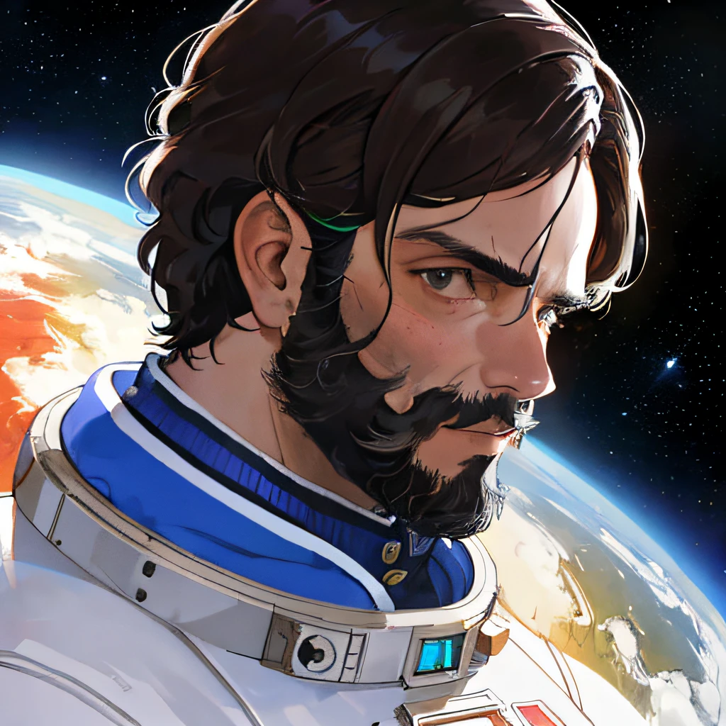 (Retrato de um homem:1.1), astronauta, barba, Looking at planet Earth in space, background space, atordoante, altamente detalhado, pintura digital, art-station, liso, foco duro, illustration, Arte de Artgerm e Greg Rutkowski e Alphonse Mucha