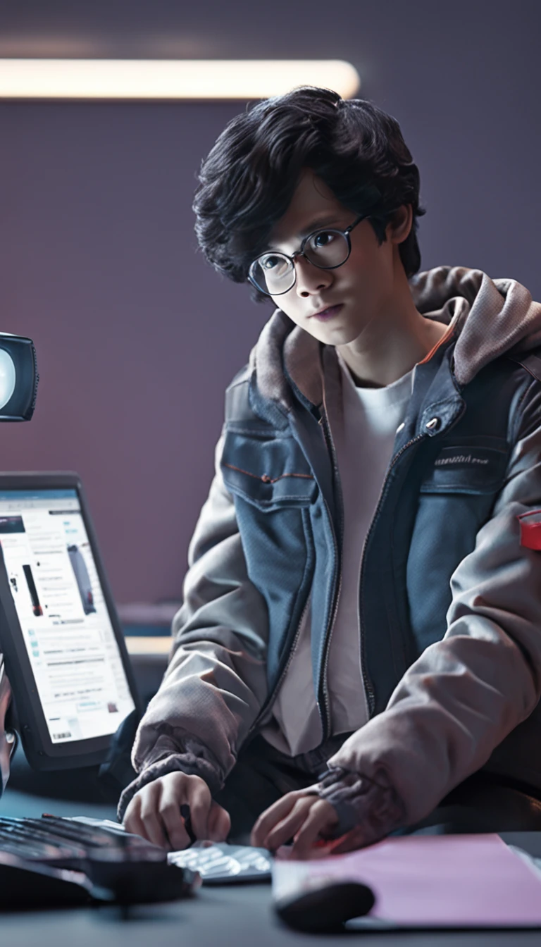 A designer with black hair, glasses, and a down jacket was sitting at a computer desk, looking at the screen, typing on the keyboard, In the dim room, with a clean background, the light of the desk lamp shines on the boy's face, tilt-shift, half body, Cinematic lighting, marginal light, raytracing, soft colors, Disney style, IP Pop mart blind box, 3d, c4d, blander, OC rendering, chibi, dribblable, pintreset, epic detail, ultra-high definition, 8k