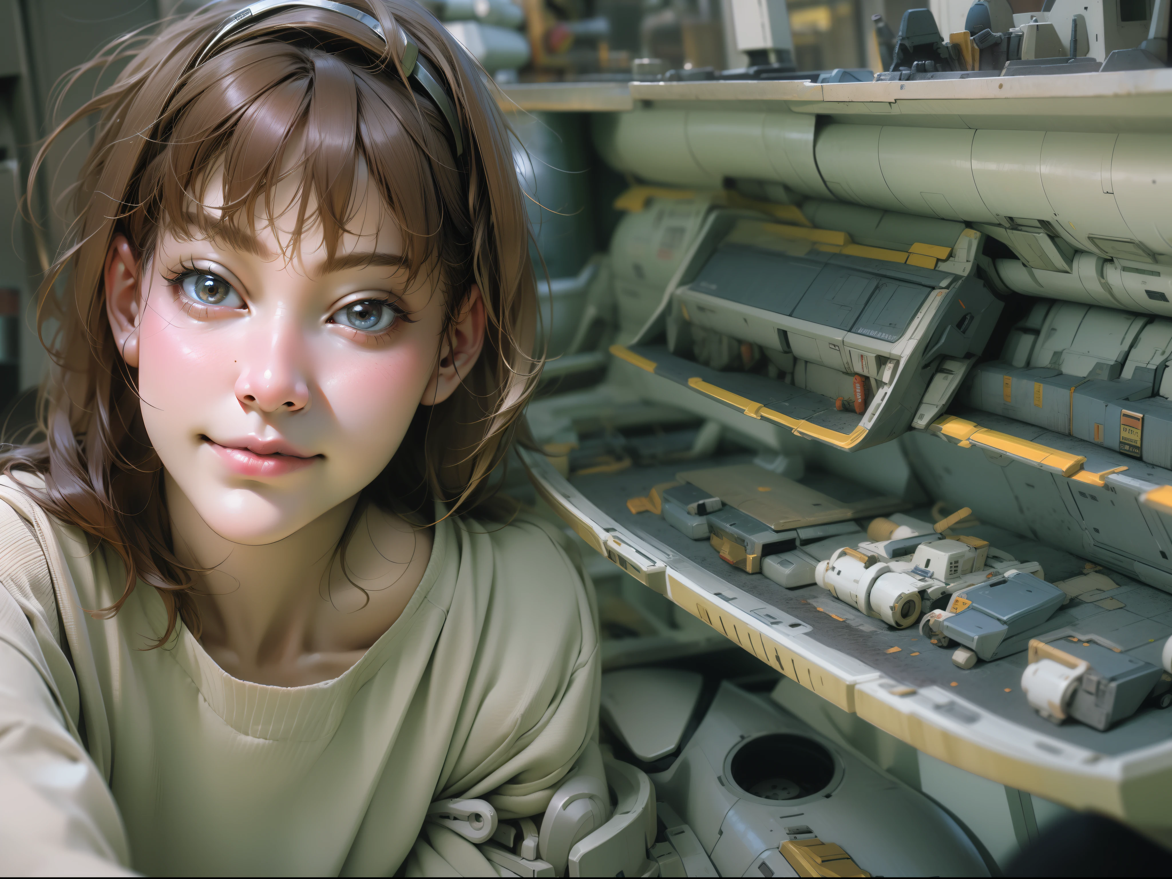 RAW photo, ultra high res,(photorealistic:1.4), light brown hair, hairband, smile, bright pupils, high detail, Realism, Fujicolor, image fill, viewfinder, Eye-Level Shot, 8k, super detail, UHD, retina, masterpiece, anatomically correct, textured skin, high details, high quality, award winning, best quality, highres, 16K, Science fiction, ultra-realistic, new mobile suit, Gundam, mass-produced model, maintenance scene in the hangar of a space battleship