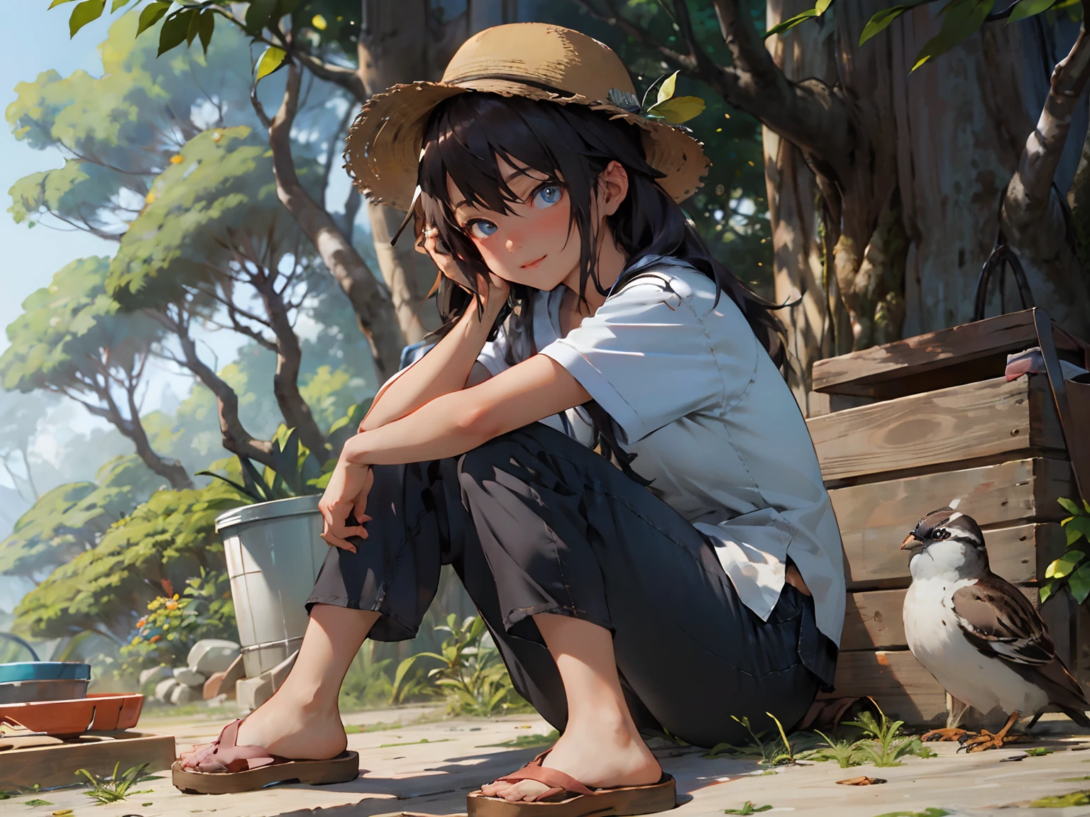 absurdres, highres, ultra detailed, (1girl:1.3), (disheveled hair,beautiful detailed eyes,shiny oily skin:1.1), BREAK , Giant sequoias, ancient forests, massive trees, peaceful groves, dappled sunlight, biodiversity,BREAK Sturdy shoes, long pants, lightweight layers, hat, sunscreen, insect repellent,
sitting on the floor
The laundry is blowing in the wind
The sun is rising and I can see some sparrows
A young girl is sitting and looking outside
can see a laundry area and a water pump
A light summer outfit and a wide smile