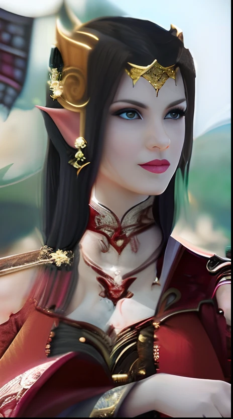 Close-up of woman in red holding guitar, She has elf ears and golden eyes., ((a beautiful fantasy empress)), Beautiful Elwen Princess, Beautiful and elegant elf queen, River Princess, Portrait of the Elf Queen, Elf Princess, Dark Elf Princess, Elven character with a smile, Elf Queen, Beautiful and elegant female elf