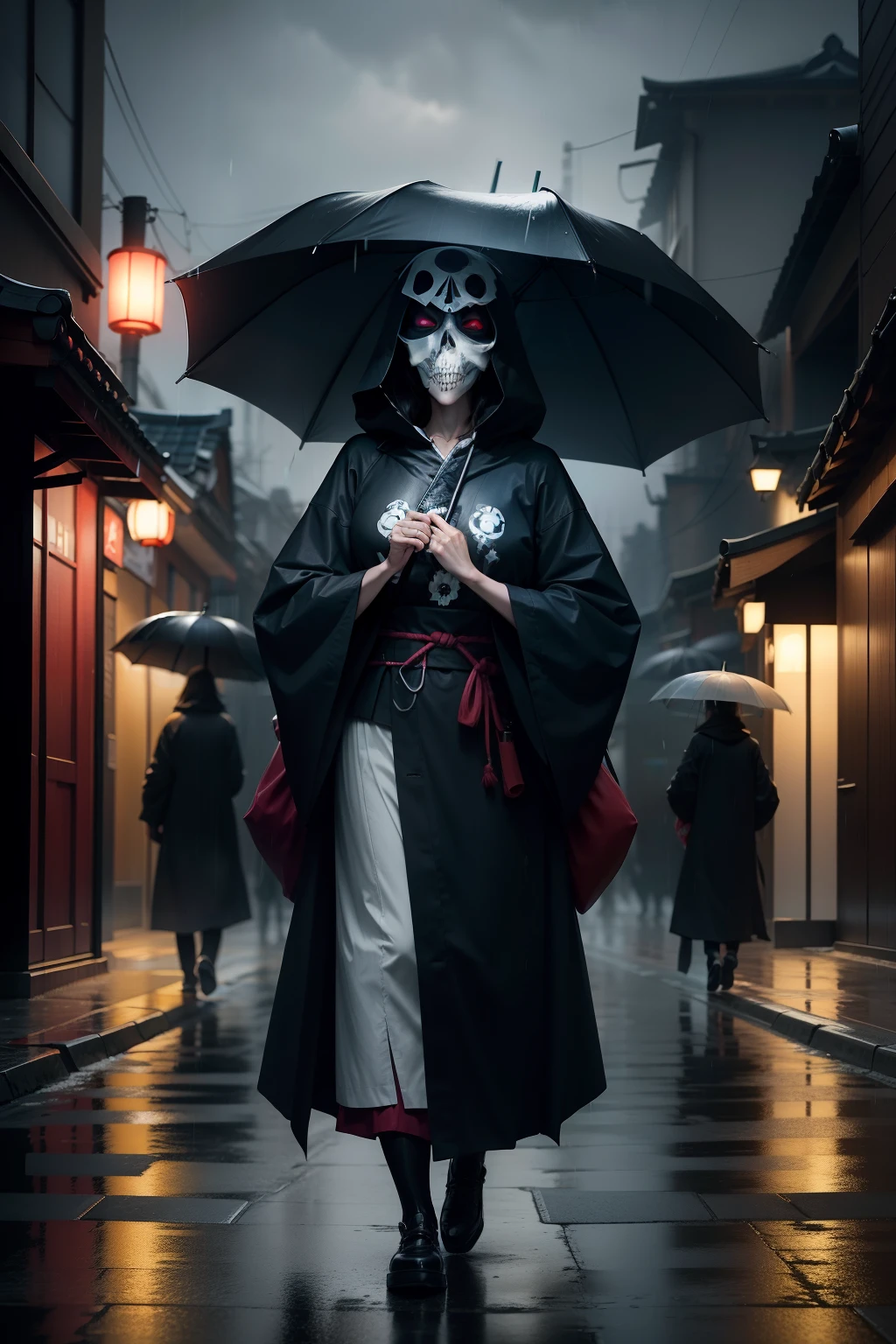 Japanese woman dressed as the reaper and wearing a skull mask walking while it rains on the street at night