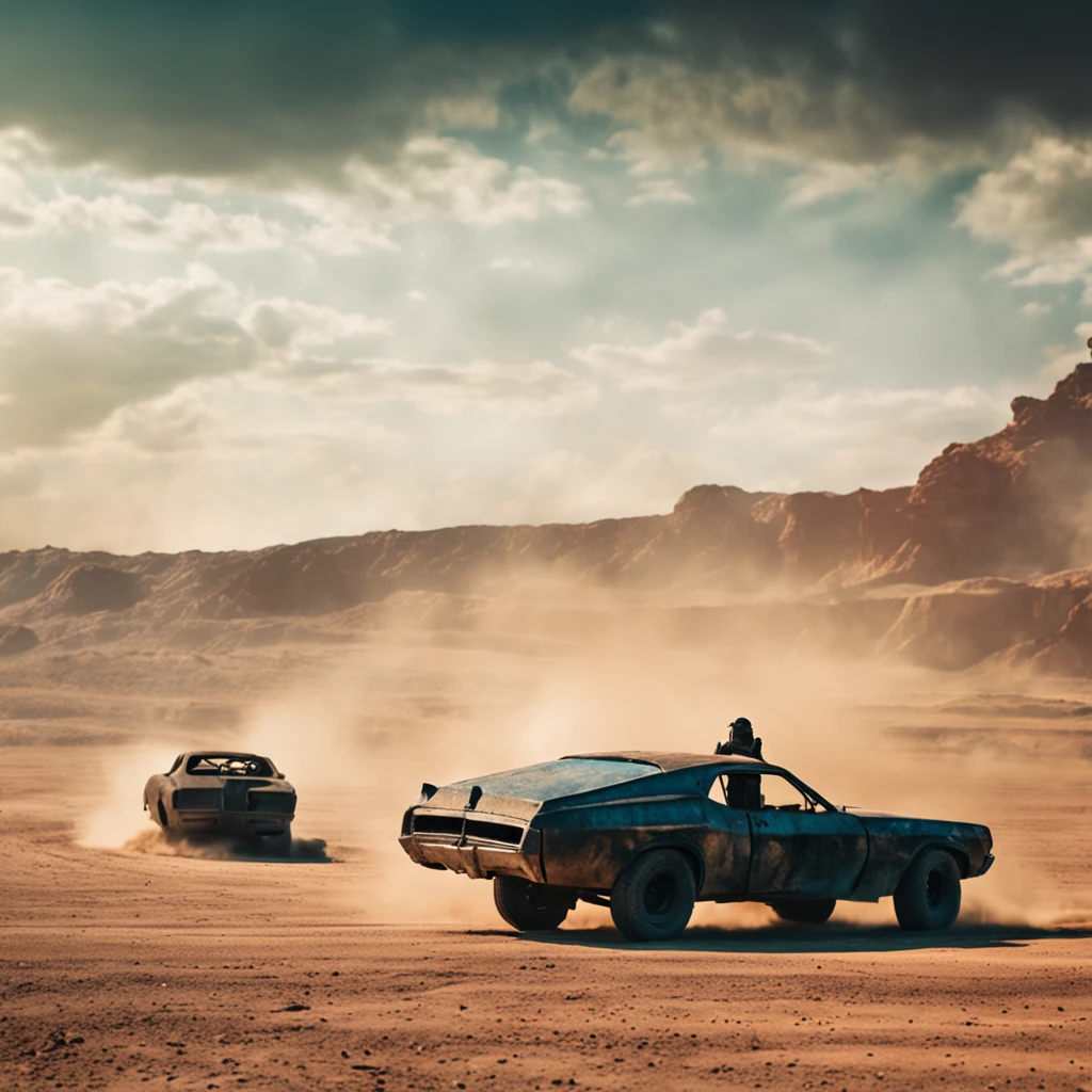 mad max fury road scene in the style of ridley scott, cinematic look, film grain