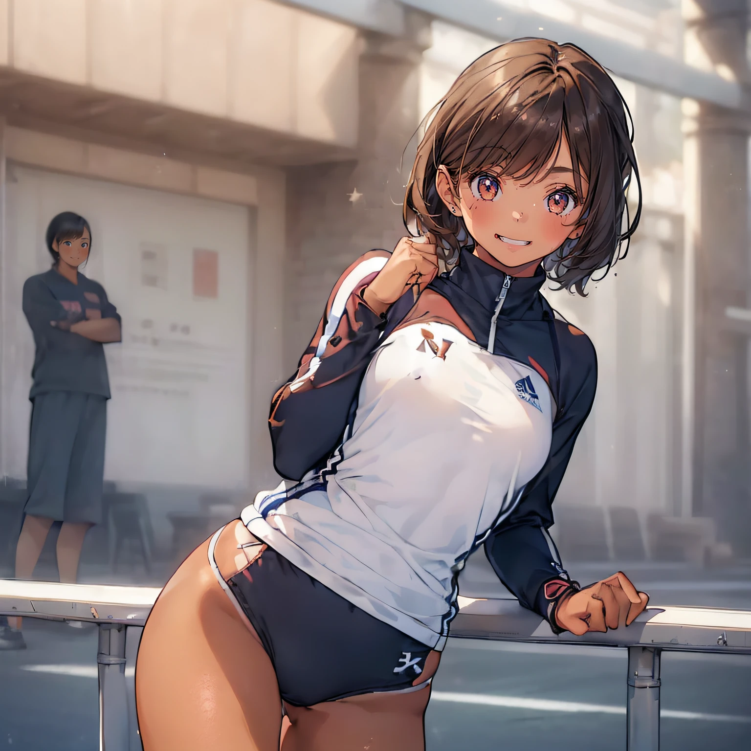 ((masterpiece)), (1 girl:2.0), (face extremely detailed, smiling), short haircut, brown hair, petite, (thin build), (a Japanese girl), ((Member of track and field team, long distance runner)), slightly round face, (tanned brown face:1.6), cute, big eyes, navy blue jersey with long sleeves, ((over-the-knee wear)), (muscular and thin thighs), (small breast)