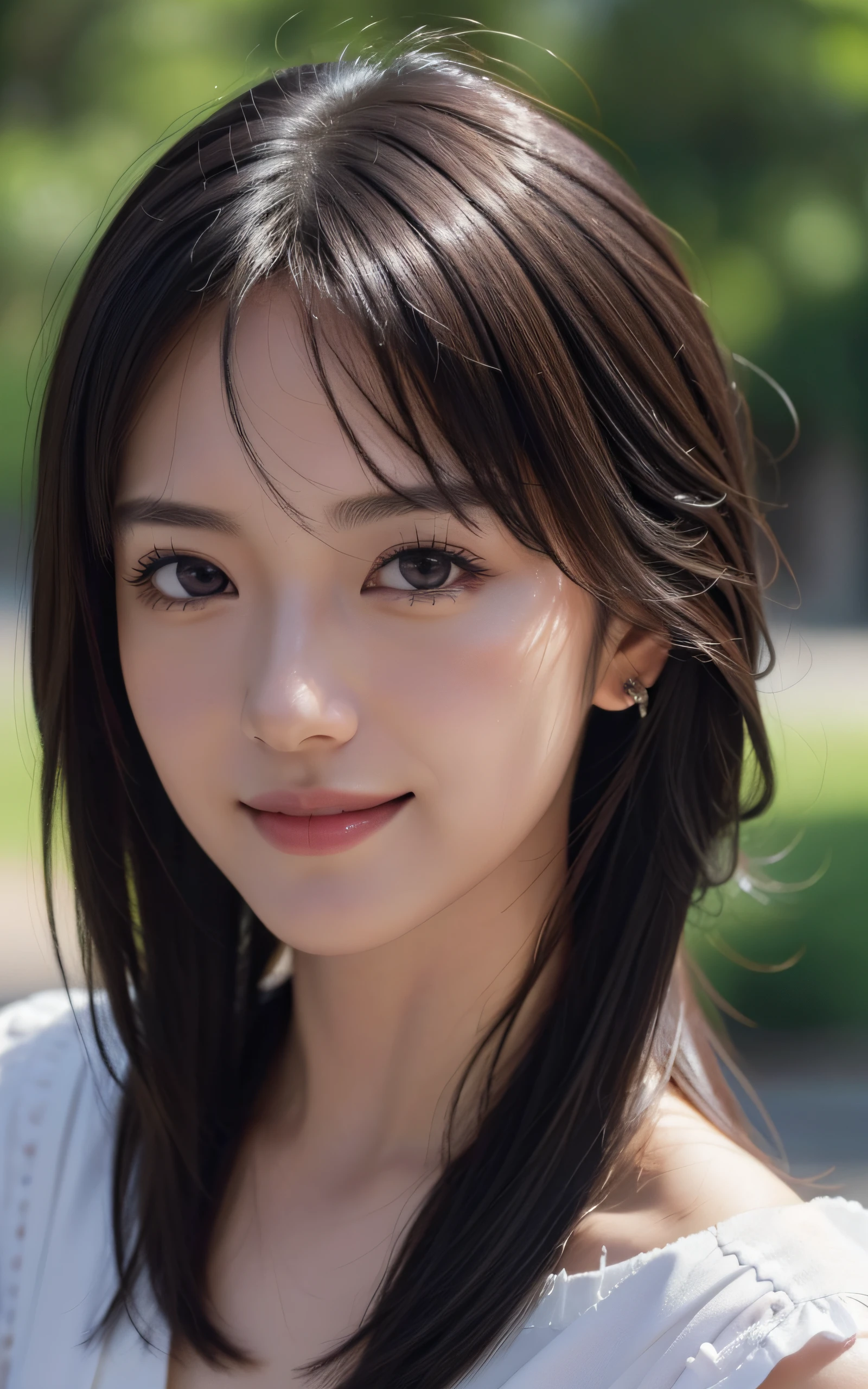 masutepiece, The highest image quality, High quality, Beautiful woman, Japanese, Detailed, Swollen eyes, Detailed eyes, Detailed skin, Beautiful skin, Ultra High Resolution, (reality: 1.4),Very beautiful, Slightly younger face, Beautiful skin, slender, (A hyper-realistic), (Illustration), (High resolution), (8K), (Very detailed) (Best Illustration), (beautifully detailed eyes), (super detailed), (Wallpaper), (Detailed face), Looking at Viewer, Fine details, Detailed face, Smiling, Looking straight ahead, Looking straight ahead, angle from waist up, photos realistic, Bright lighting, Professional Lighting, Shoulder-length straight hair swaying in the wind, Mature Woman, bangs,