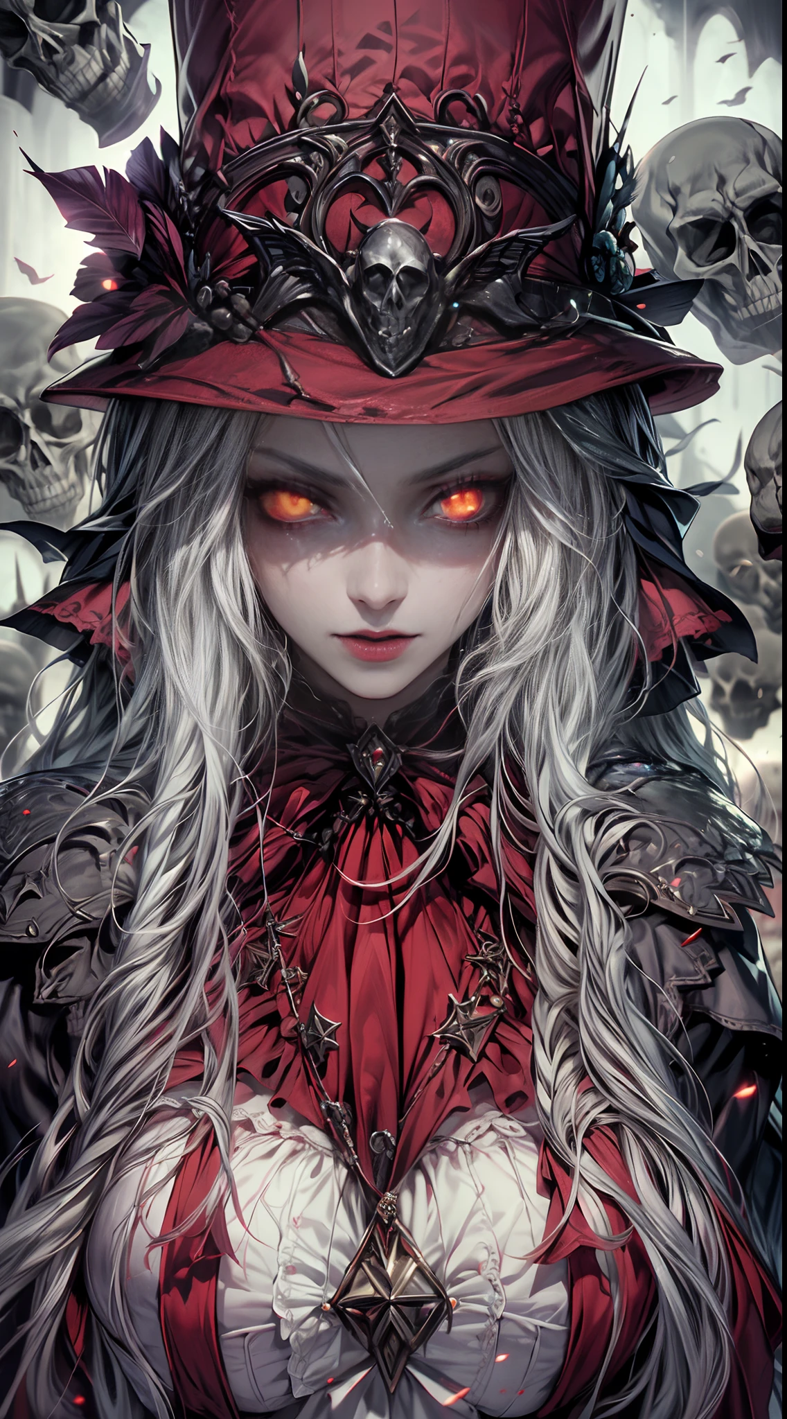 （comical，A high resolution，super-fine），（Vampires），（((Red glowing eyes))）looks into camera，evil look，Clear facial features，（Top hat），Pull down the brim，Vampire fangs exposed，Wear gorgeous gothic dresses，Silvery hair，rosette，Skull decoration，the bats，The body is surrounded by red mist，rays of moonlight，Kingly temperament，cinematic rim light，The light is delicate，tmasterpiece，ultra - detailed，Epic composition，Super HD，high qulity，HighestQuali，32K