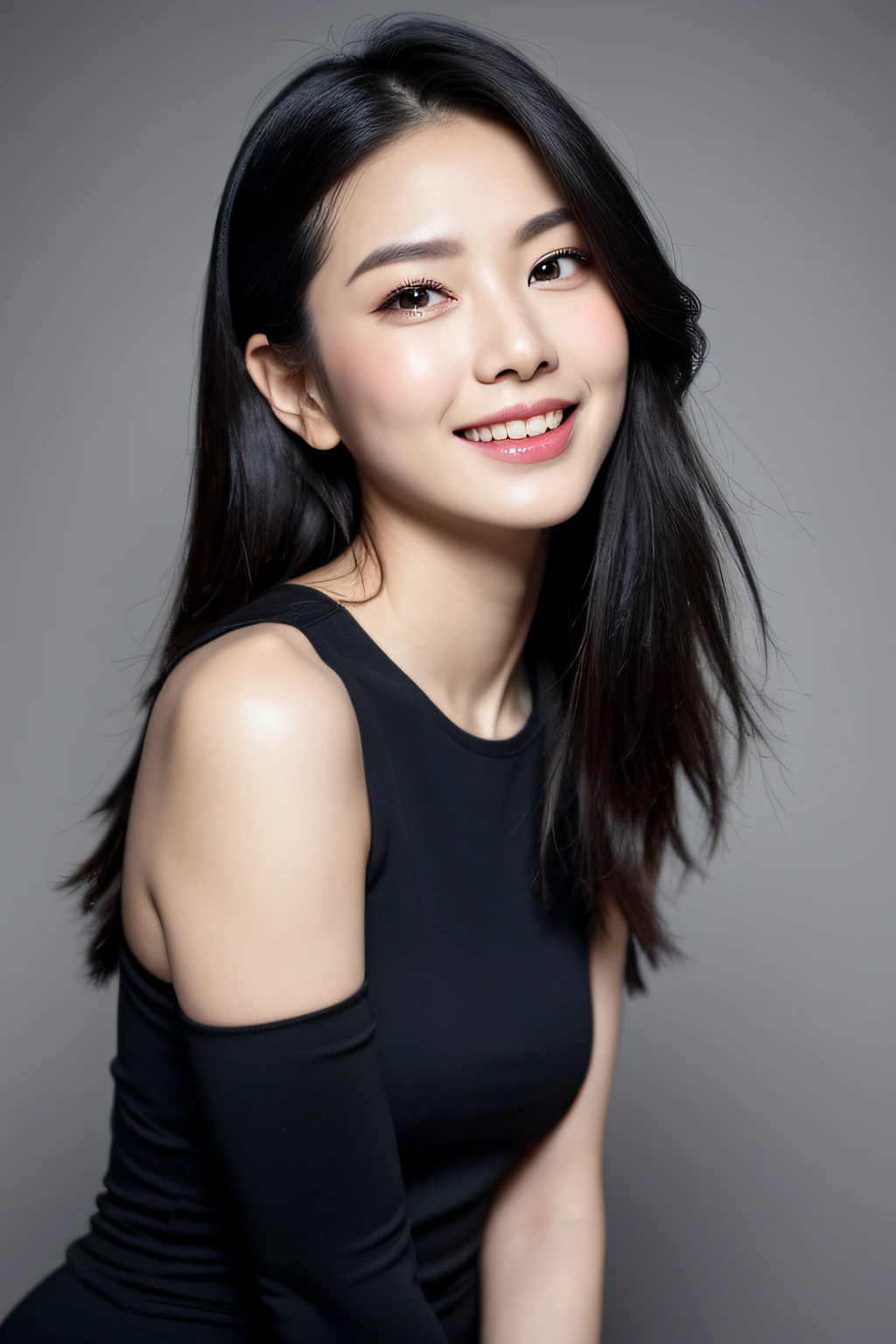 Hyper realistic, supernatural, beautiful and stunning oval face, Chinese young beauty, wearing tight and comfortable dress, full-body photograph, seductive long legs, captured with a Sony A7R equipped with an F1.2 lens, long straight black hair, beautiful and expressive eyes, ultra-detailed face, detailed lips, detailed eyes, double eyelid, Complex Details, Cinematic feel, 8K, highlydetailed, radiant smile