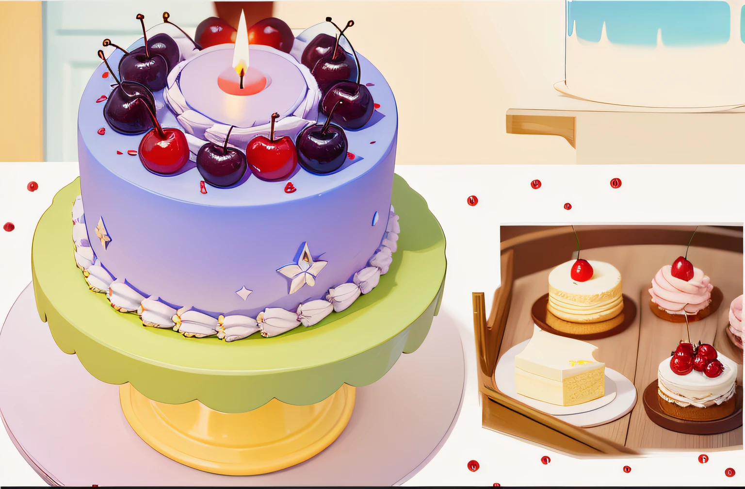The top of the cake is covered with reddish-brown cherries,blue berry,There is a burning blue-white candle in the middle,Exquisite,3Drenderingof