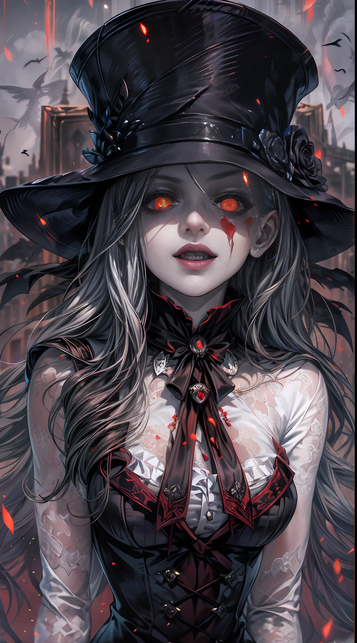 （comical，A high resolution，super-fine），（Vampires），（((Red glowing eyes))）looks into camera，evil look，Clear facial features，（Top hat），Pull down the brim，Vampire fangs exposed，Wear gorgeous gothic dresses，Silvery hair，rosette，Skull decoration，the bats，The body is surrounded by red mist，rays of moonlight，Kingly temperament，cinematic rim light，The light is delicate，tmasterpiece，ultra - detailed，Epic composition，Super HD，high qulity，HighestQuali，32K