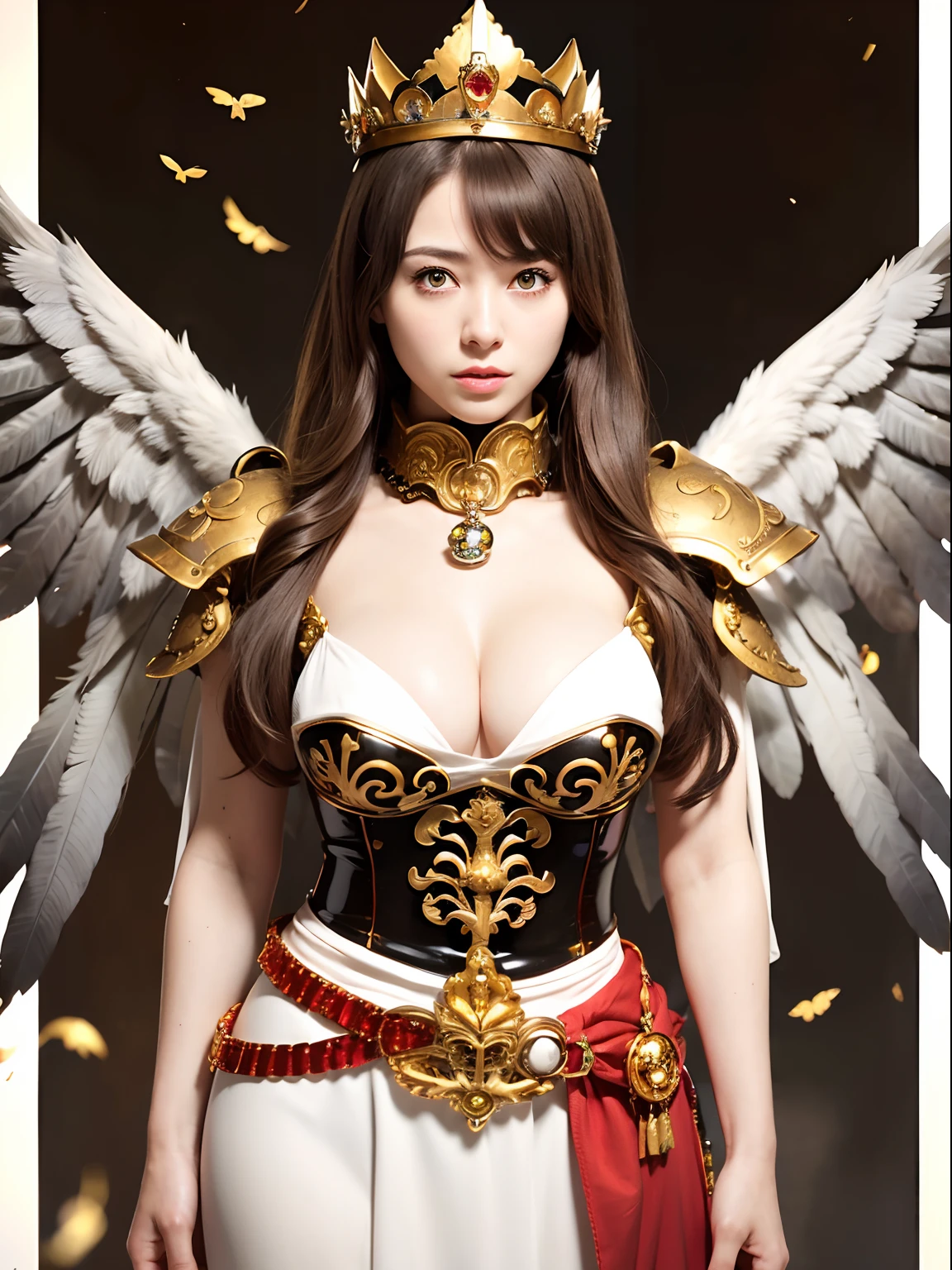 (masutepiece), Professional , masterpiece、top-quality、photos realistic , depth of fields (Gemstone Silver Metal Body:1.9),(Matte White、(Brown hair long straight)、Jewel Gold Weapon、(Inside the old ruins),Gorgeous metal weapons,(Detailed and realistic angel white wings) , Detailed Sword of the Brave , Beautiful knife 、delicated face、20 years girl ,warhammer 40k , adepta sororitas,Detail and ornate jewel crown、a blond、(Gangle's forest background)、Beautiful Caucasian beauty、1a person、dynamic ungle,(((Detailed and ornate diamond crown)))、Smaller head、A smile、Powerful poses、Beautiful thin fingers of a woman、cleavage of the breast、