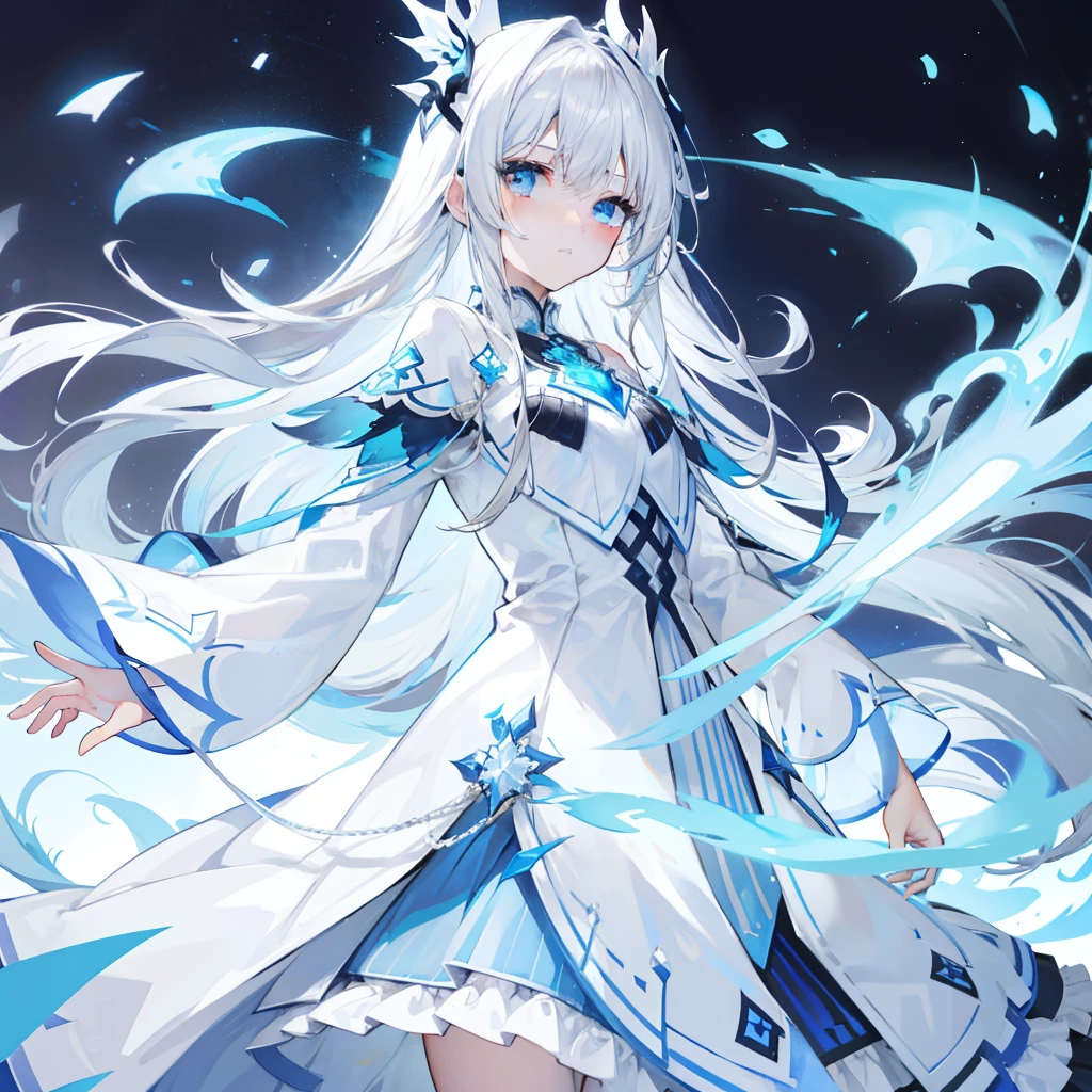 Long blue silver-white hair,White clothes that match blue