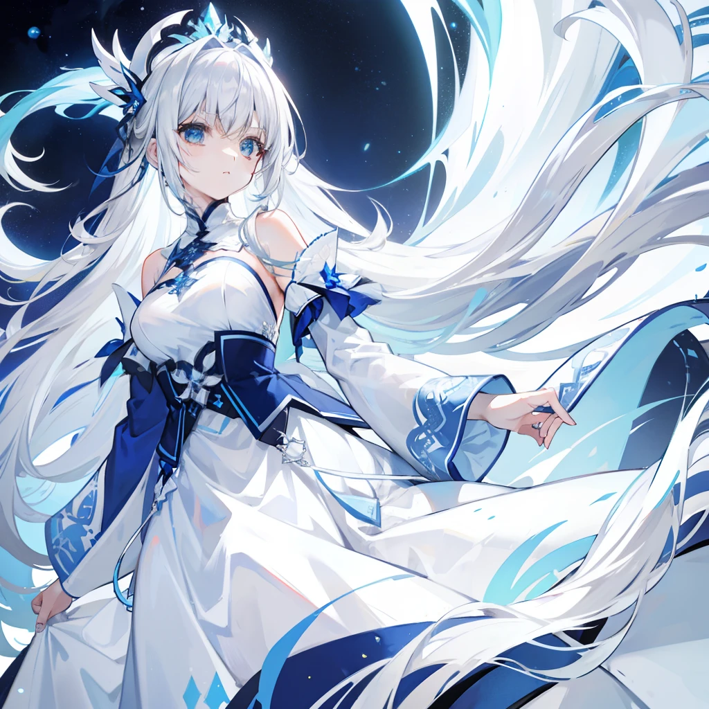 Long blue silver-white hair,White clothes that match blue