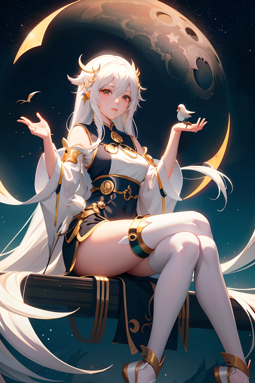 white haired young woman, 25 years old, body, golden eyes, long hair,Green braid tied in bows left and right..........big breasts..,, Wear a white shirt. Shorts above the knees..tight fitting....large white chest, Wear Van teaching a color movie with a slight smile on his face.....................