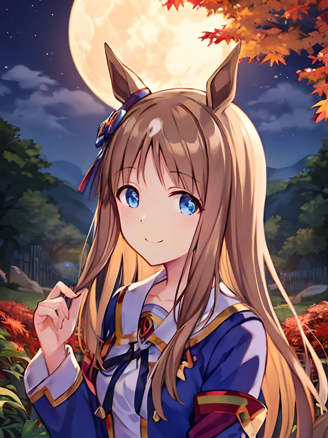 illustration, better lighting, top quality, cute smile, Grass Wonder \(umamusume\), autumnal maple leaves, full moon