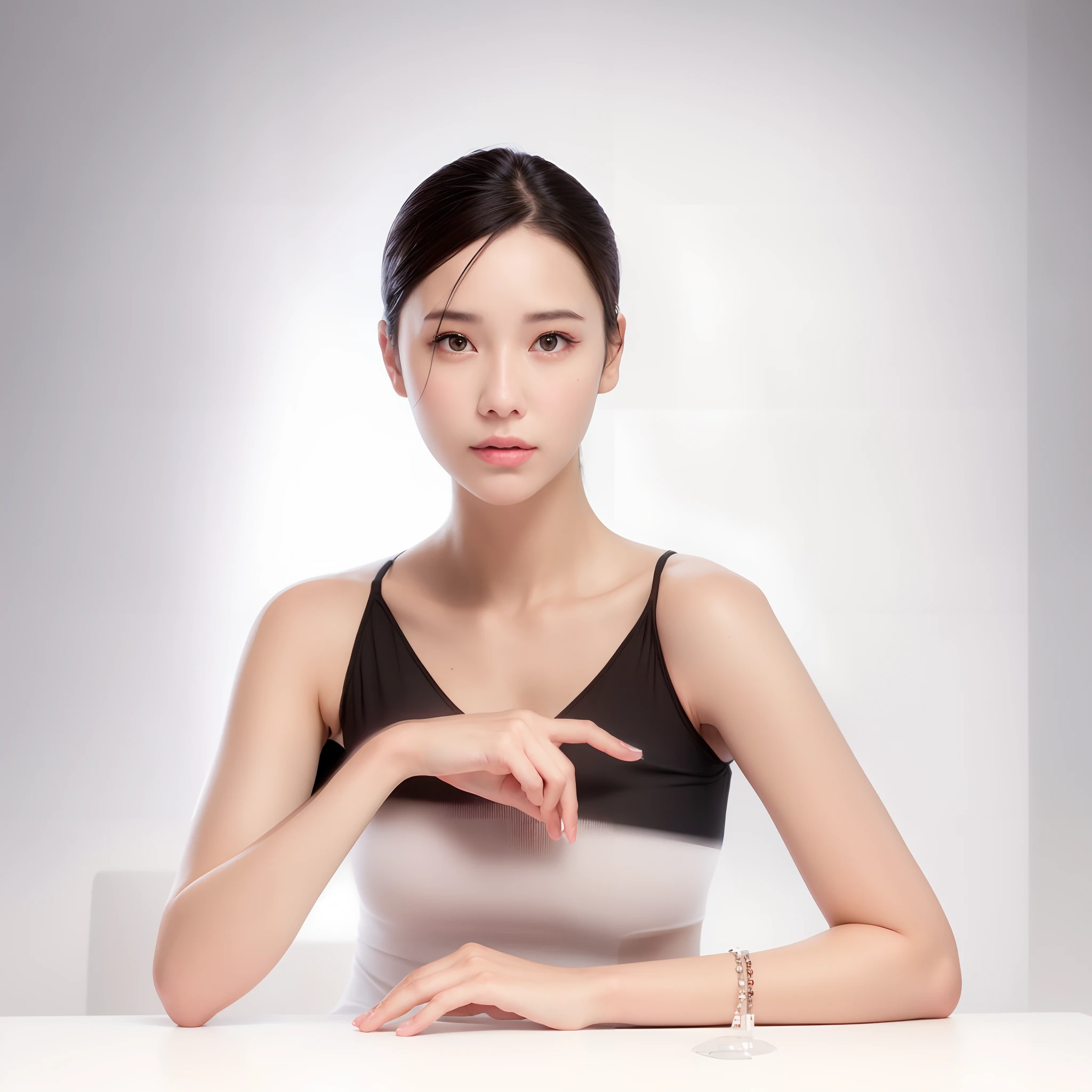 A woman sitting at a table,(photo realistic:1.4),(masterpiece, best quality, ultra detailed),white background,1woman,pictorial,perfect beauty,full body,25 years old, ((realistic eyes)), smooth translucent white skin, transparent and vibrant glowing skin, smooth body features, Lee Ji-eun, IU, gorgeous young Korean woman, long straight hair, ((black color blouse top))
