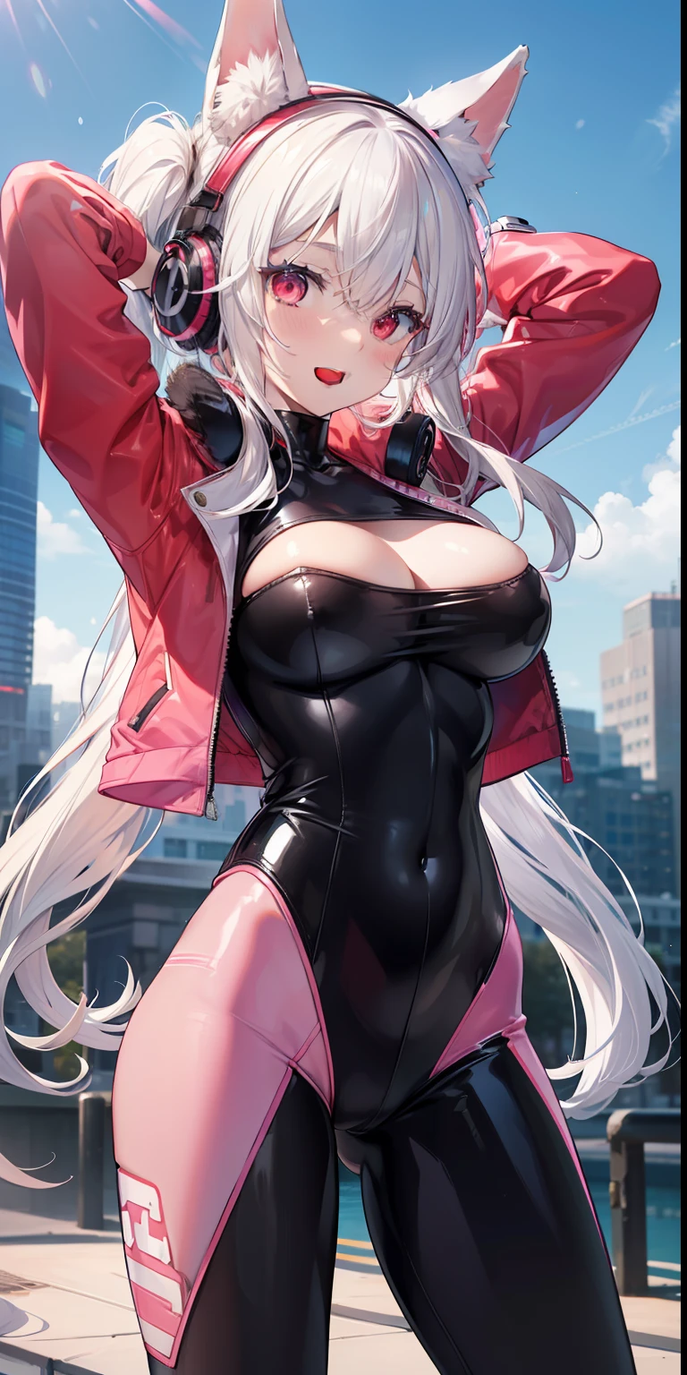 (RAW Photo, Best Quality, Masterpiece: 1.2), (Realistic, Photorealistic: 1.4), (Masterpiece: 1.4), (Best Quality: 1.4), 1girl, Solo, :d, Headphones animals, animal ears, arms up, bangs, blush, bodysuit, breasts, bunny pose, written clothes, covered navel, cowboy shot, cropped jacket, fake animal ears, gloves, outdoors, morning, snow, hair entries, headphones, impossible bodysuit outfit, impossible clothes, jacket, big breasts, latex, latex bodysuit, long hair, long sleeves, looking at viewer, big breasts, multicolored gloves, open mouth, pink bodysuit, eyes pink, red eyes, red jacket, bright clothes, shrug \(outfit\), locks, tight skin, smile, thigh opening, thighs, twintails, very long hair, white gloves, white hair, alice \(nikke\),(shiny skin), realistic,
