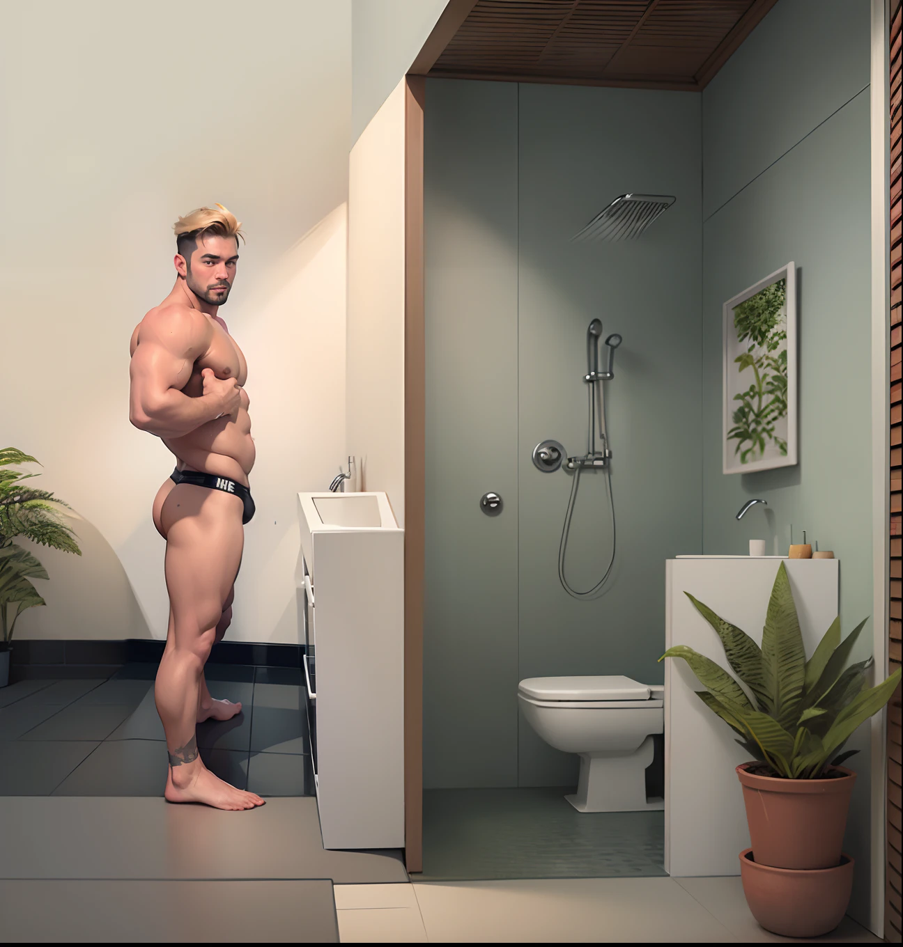 outdoor shower with tropical plants, heliconia plants and flowers, bathroom in the garden, plants in the bathroom, realistic and meaningful continuation of original image, high quality illustration art