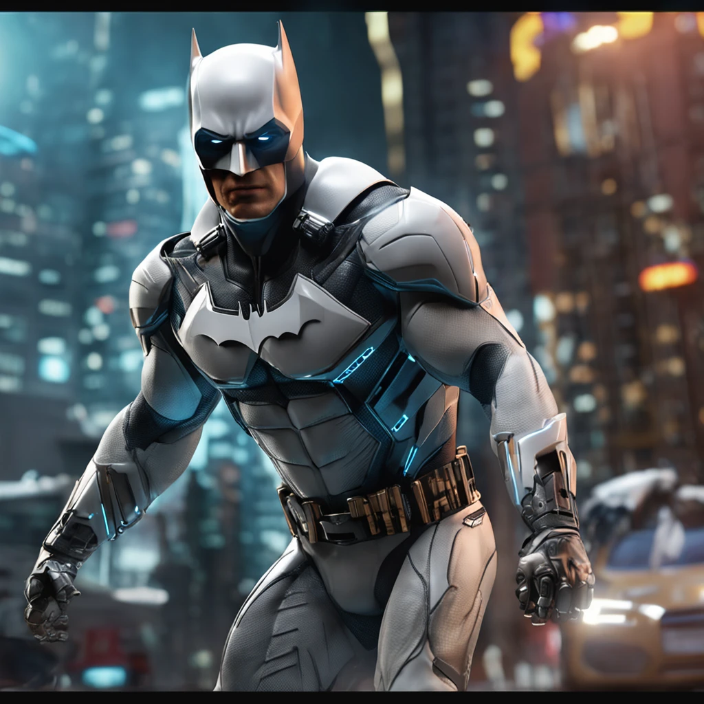 A realistic white Batman in an advanced cyber orba prima suit, alta qualidade
