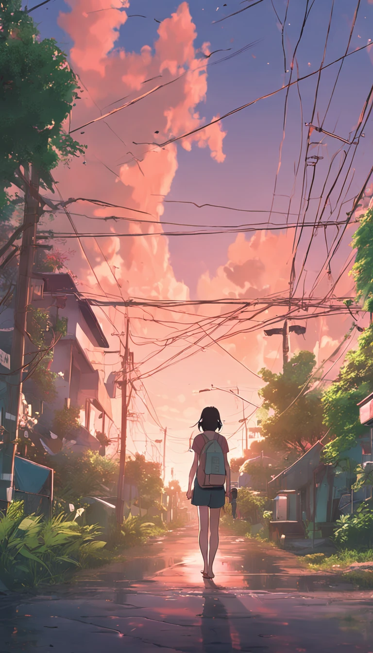 Summer day, blue sky, spectacular and beautiful clouds, clean streets, a girl is walking this road, cherry blossom, Green Plants, aesthetic, full of fantasy, Poster, healing department, Sunset afterglow, Makoto Shinkai style, long shot