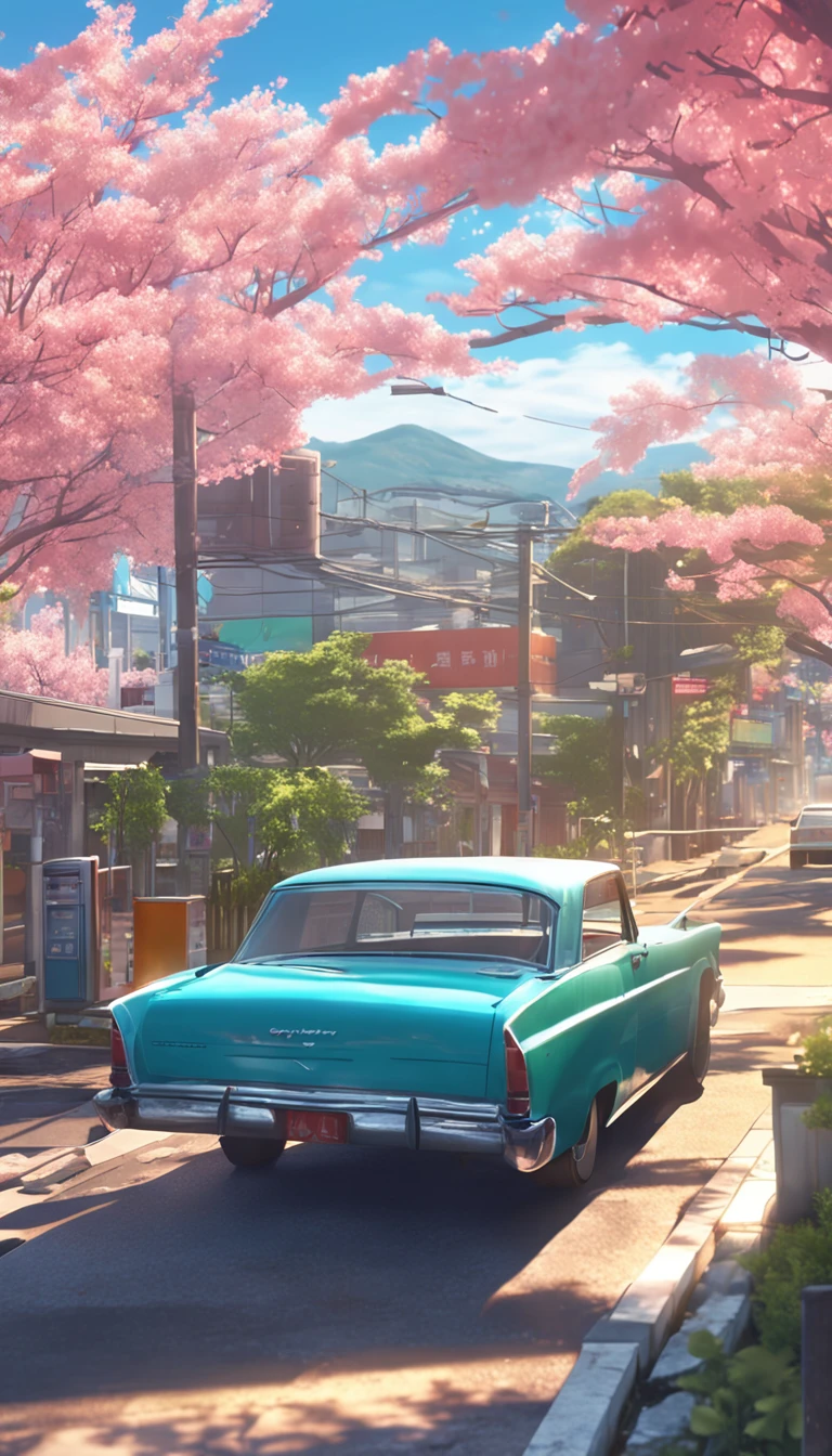 Summer day, blue sky, spectacular and beautiful clouds, clean streets, a girl is walking this road, cherry blossom, Green Plants, aesthetic, full of fantasy, Poster, healing department, Sunset afterglow, Makoto Shinkai style, long shot