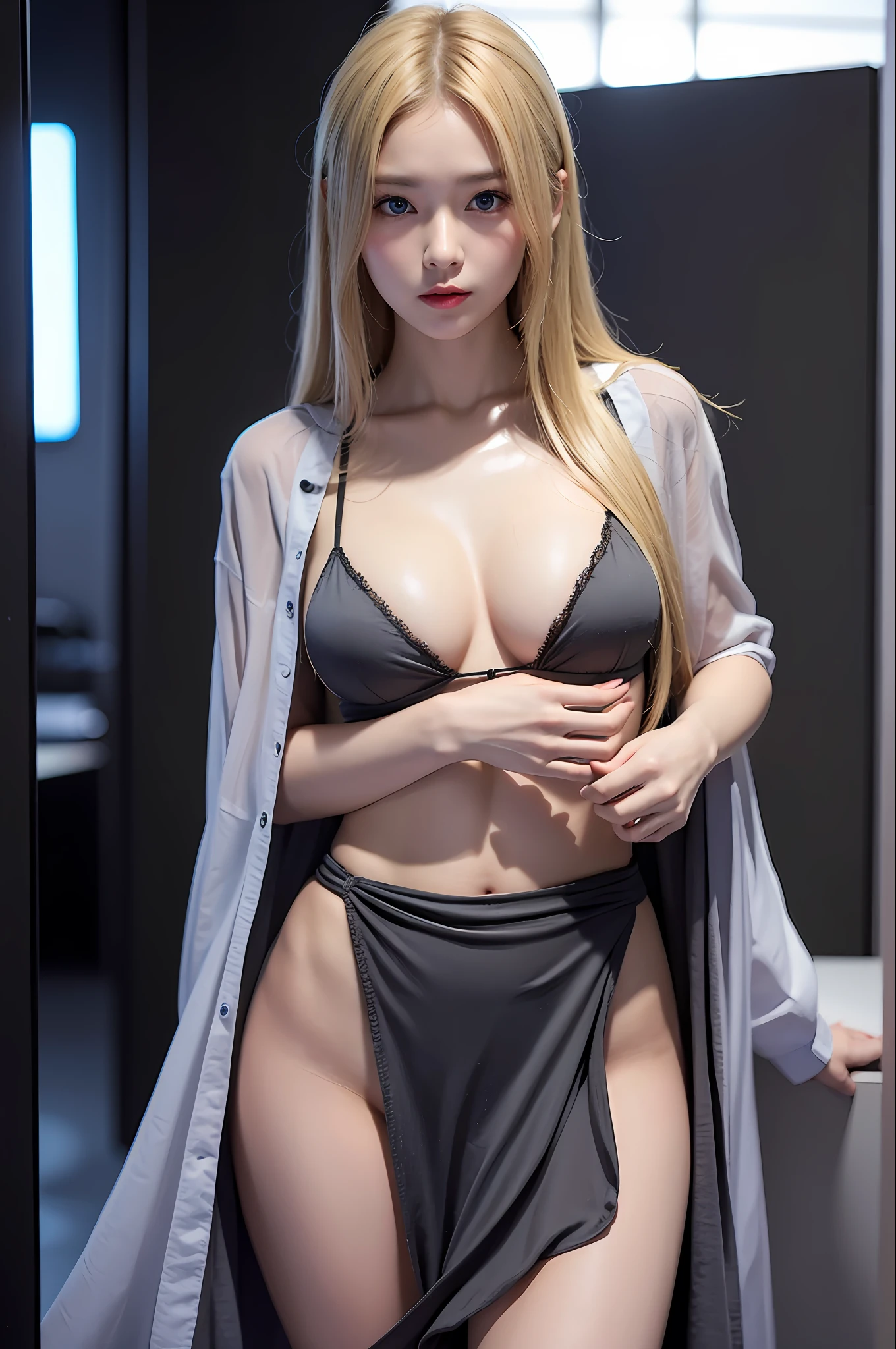 best qualtiy，tmasterpiece，超高分辨率，（realisticlying：1.4），RAW photogr，1girll，blond hairbl，eBlue eyes，Detailed eyes and face，Dark gray sex set，（Translucent T），动态照明，in the darkness nigth，deep shading，low tune，Photograph the full-length body