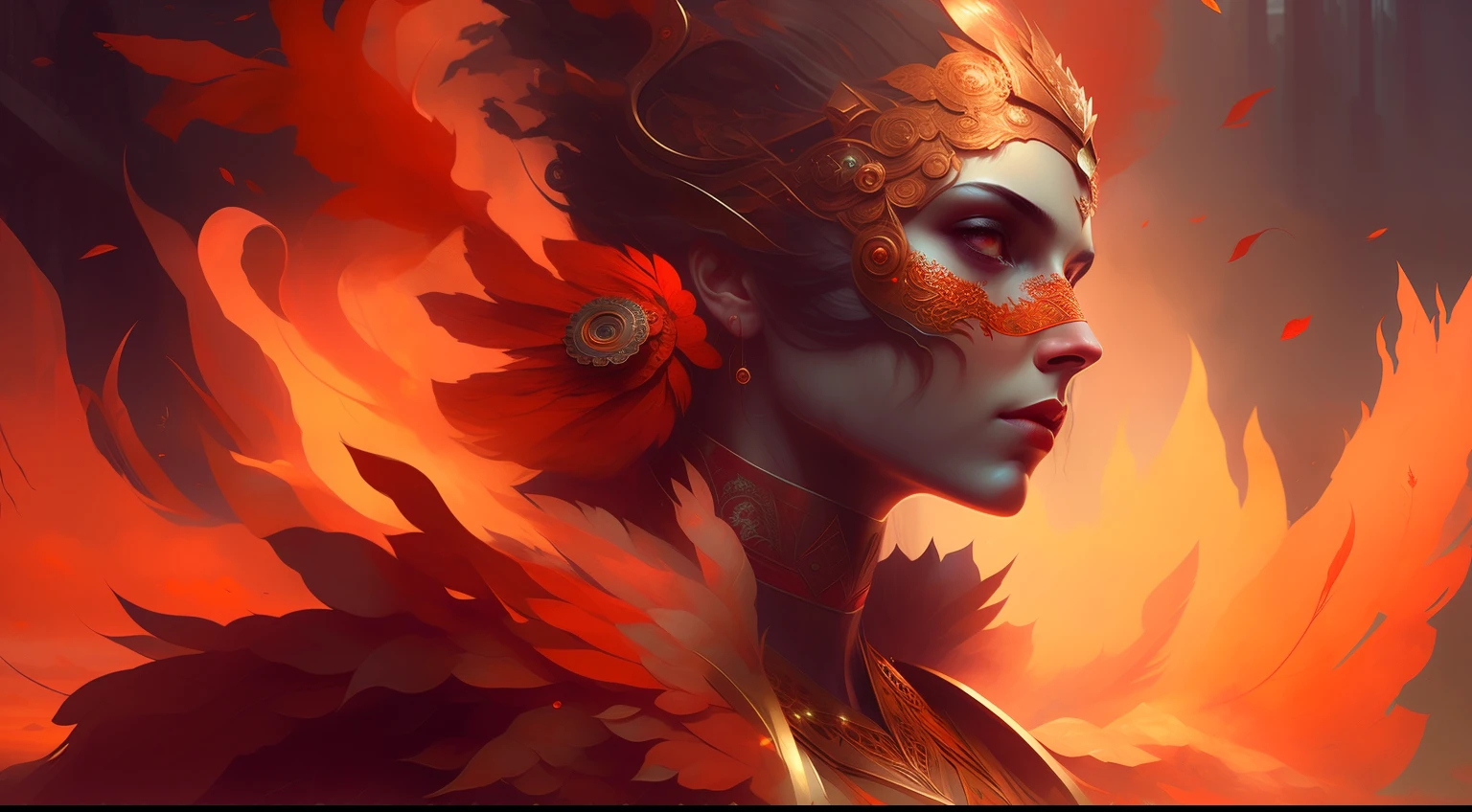 There was a woman wearing a red and orange headdress, Fantasy art Behance, Epic fantasy digital art style, 4K fantasy art, stunning digital illustration, fantasy concept art portrait, detailed fantasy digital art, Stunning artwork in 8K, Beautiful digital artwork, Epic fantasy art style HD, 8K fantasy art, Epic fantasy art portrait, Peter Mohrbacher. illusory engine