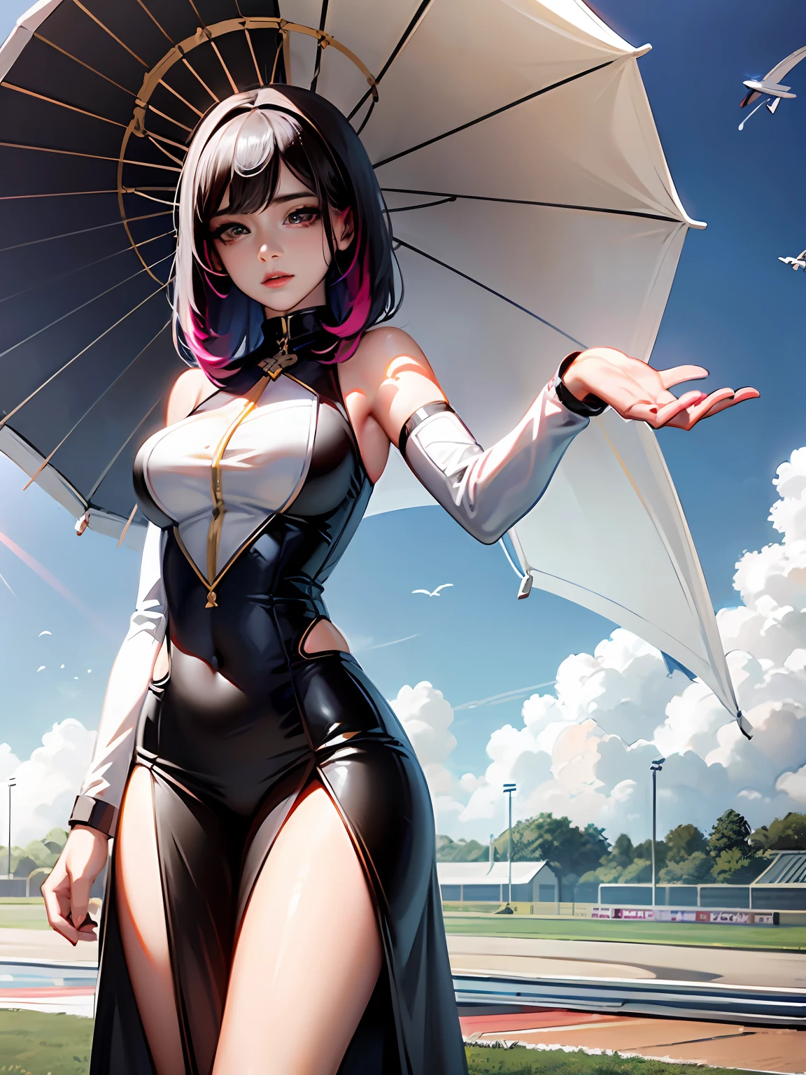 Unreal Engine 5 Realistic Rendering, cosplayer, Race Queen、Uniform with logo、 ((Giant circuit parasol)), Exquisite beauty、Beautiful face, Body shape of slim model, Shiny skin, wet shiny body, shorth hair, Multicolored inner color hair, dense black skin, neons、Large crowds、audience、Drag racing、Midsommar Racing Circuit、racing car、Lower grade、Large crowds、Spectators、Bad girl