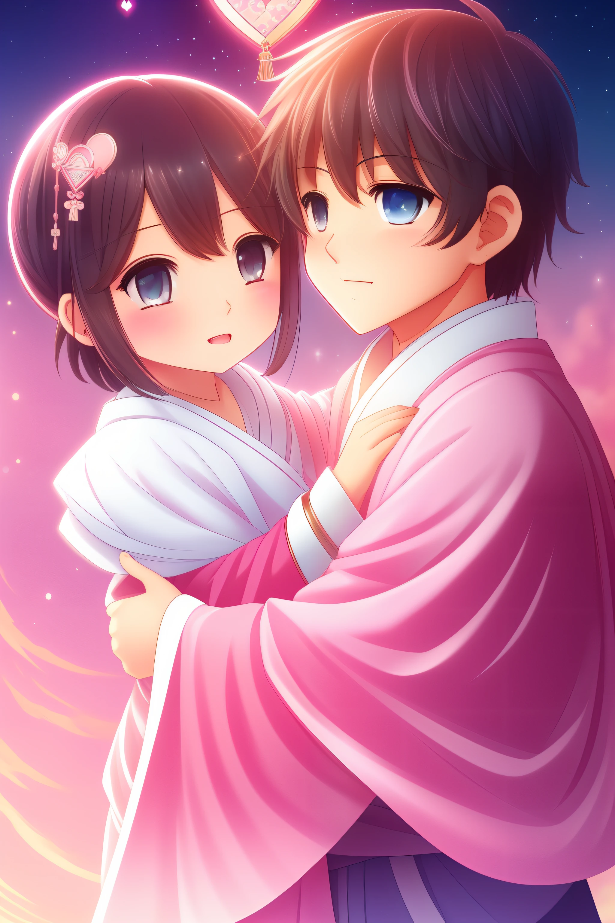 (best qualtiy,8k,32k,tmasterpiece,UHD:1.2),Tanabata,sweet,Boy holding girl,full bodyesbian,Overall pink tone,love heart