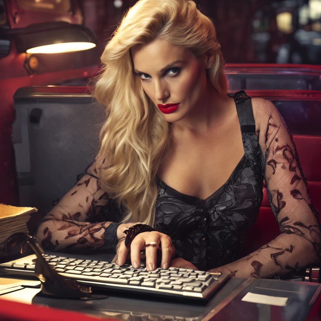 a woman blonde fatale in a red top typing on a laptop computer, in the style of darkly romantic realism, bold fashion photography, chad knight, realistic lighting, franciszek starowieyski, intense gaze, kelly sue deconnick