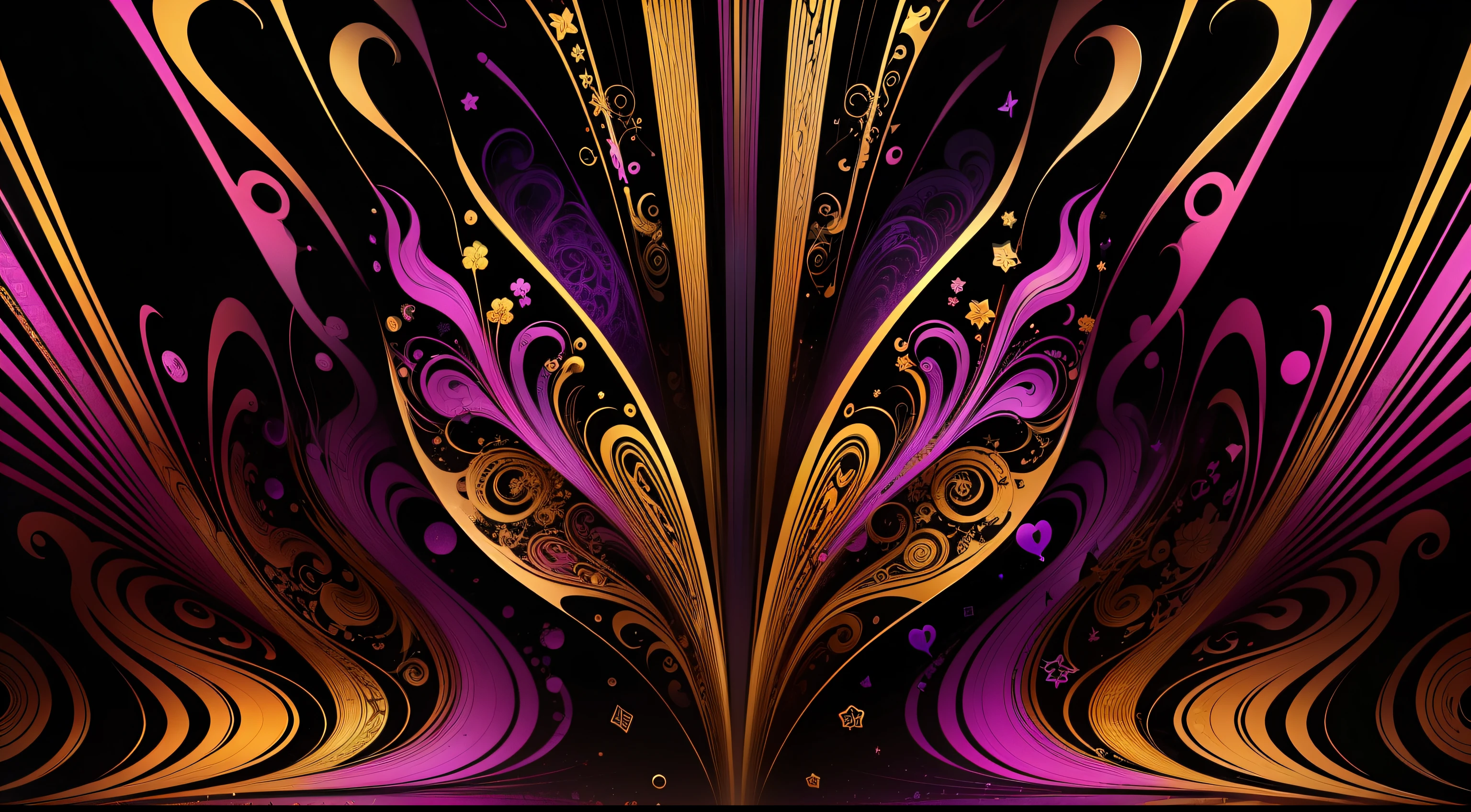 a gold, black, purple color design, very trippy and abstract, whimsical and psychedelic, rock & roll vibe, musical notes symbols