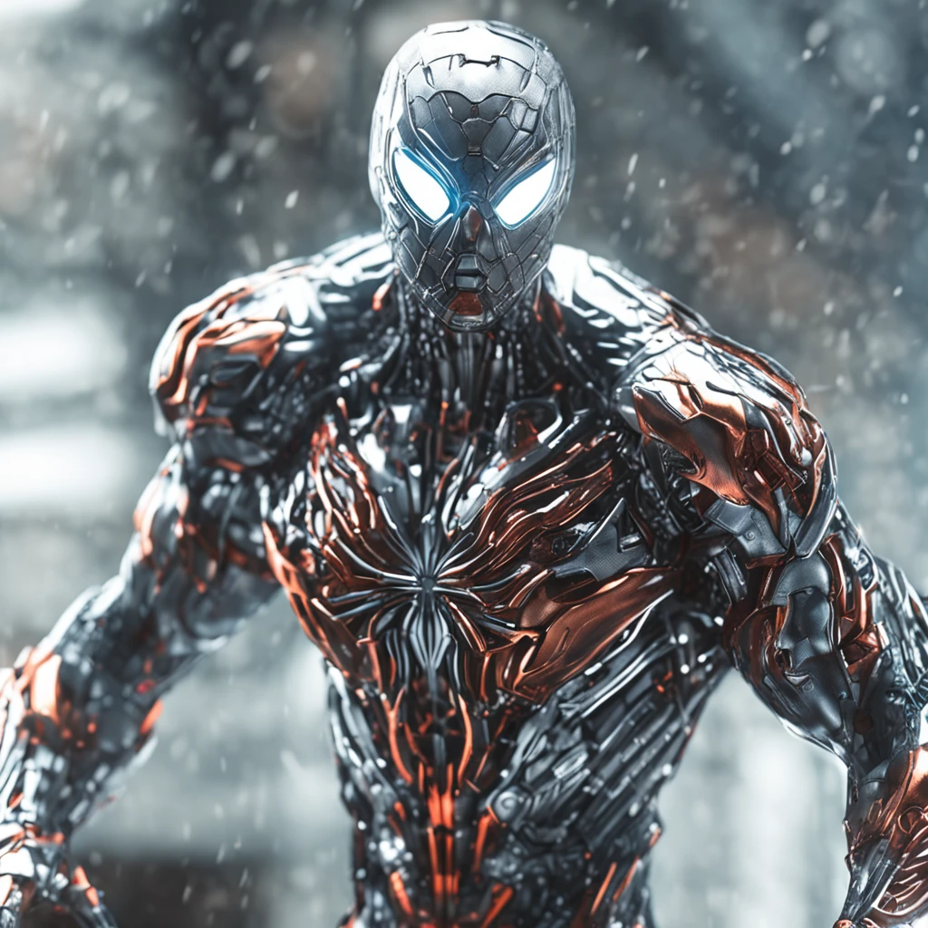White spideman in cybernetic suit, Titanium, metalic, ultra detail, extreme qualify , 8k, intrincate detail, radial blur background