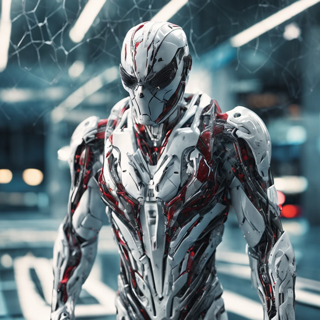 White spideman in cybernetic suit, Titanium, metalic, ultra detail, extreme qualify , 8k, intrincate detail, radial blur background