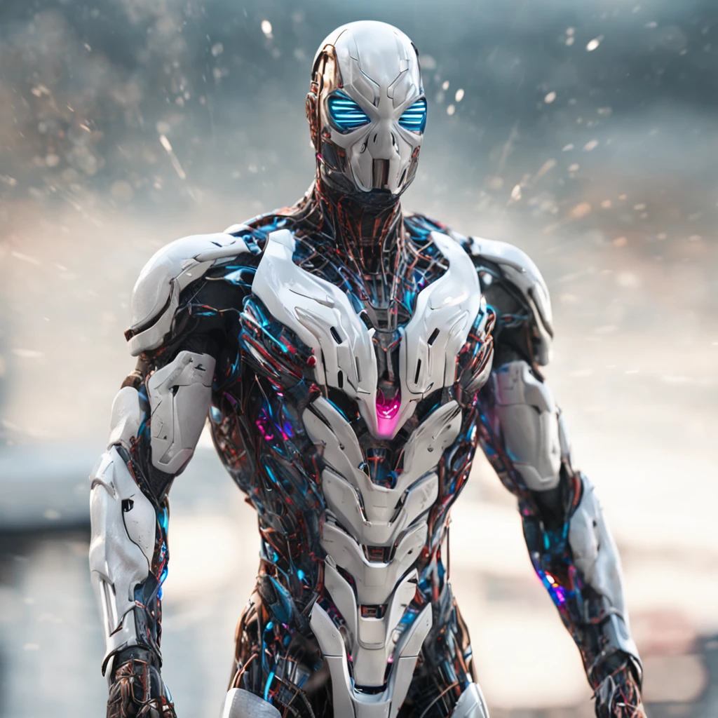 White spideman in cybernetic suit, Titanium, metalic, ultra detail, extreme qualify , 8k, intrincate detail, radial blur background