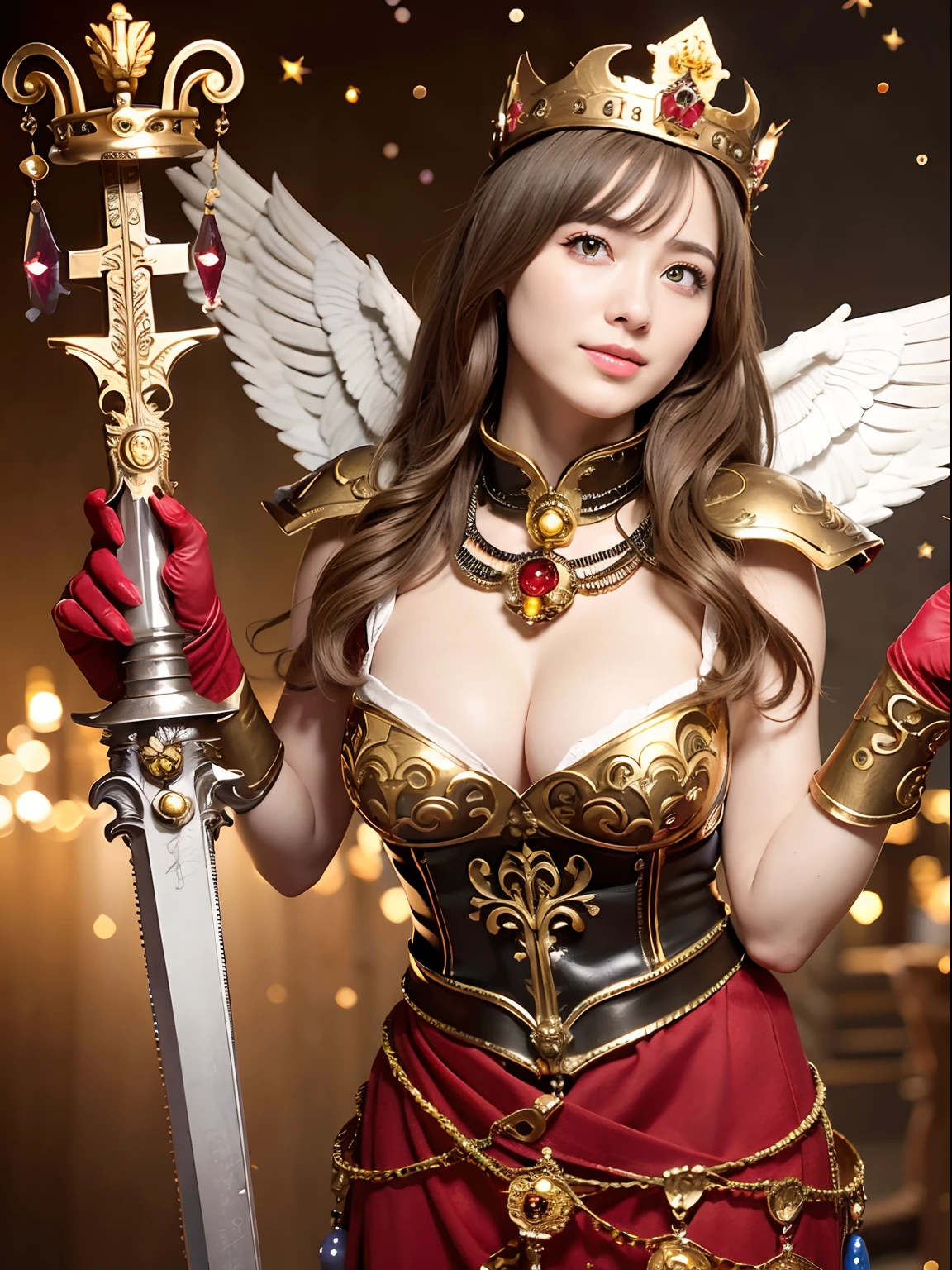 (masutepiece), Professional , masterpiece、top-quality、photos realistic , depth of fields (Gemstone Silver Metal Body:1.9),(Matte White、(Brown hair long straight)、Jewel Gold Weapon、(Inside the old ruins),Gorgeous metal weapons,(Detailed and realistic angel white wings) , Detailed Sword of the Brave , Beautiful knife 、delicated face、20 years girl ,warhammer 40k , adepta sororitas,Detail and ornate jewel crown、a blond、(Gangle's forest background)、Beautiful Caucasian beauty、1a person、dynamic ungle,(((Detailed and ornate diamond crown)))、Smaller head、A smile、Powerful poses、Beautiful thin fingers of a woman、cleavage of the breast、